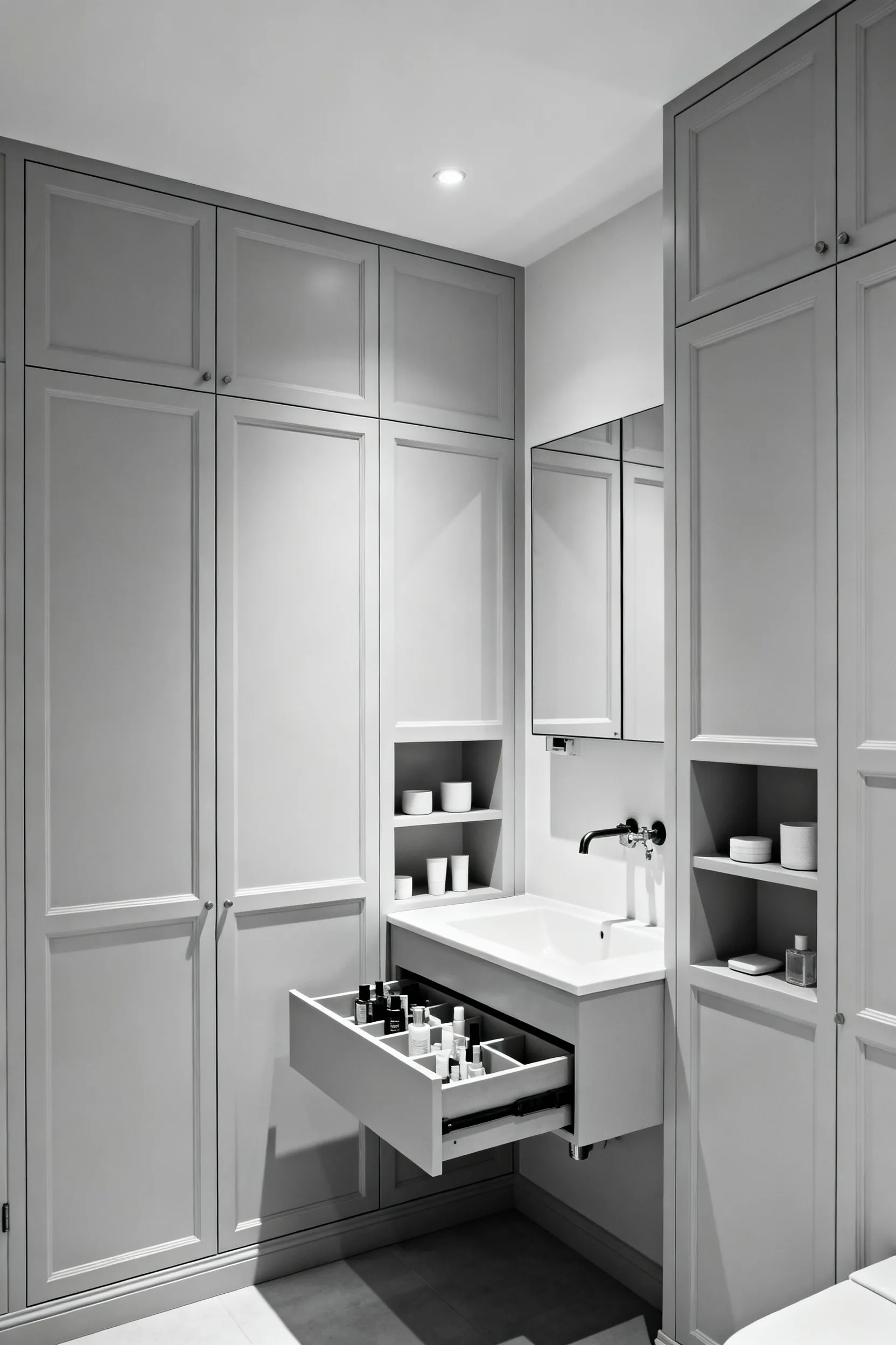A small, modern bathroom showcasing highly integrated and personalized organizational solutions, with custom wall-mounted cabinetry, a floating vanity with internal dividers, and recessed shelving that blends seamlessly into the decor, creating a cohesive and tranquil aesthetic.