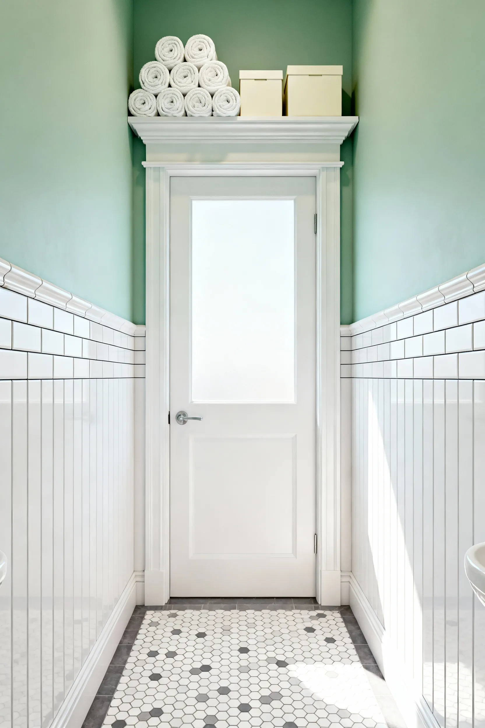 Small bathroom featuring a high architectural shelf installed above the doorway, utilized for stylish, non-footprint storage to create the illusion of height.