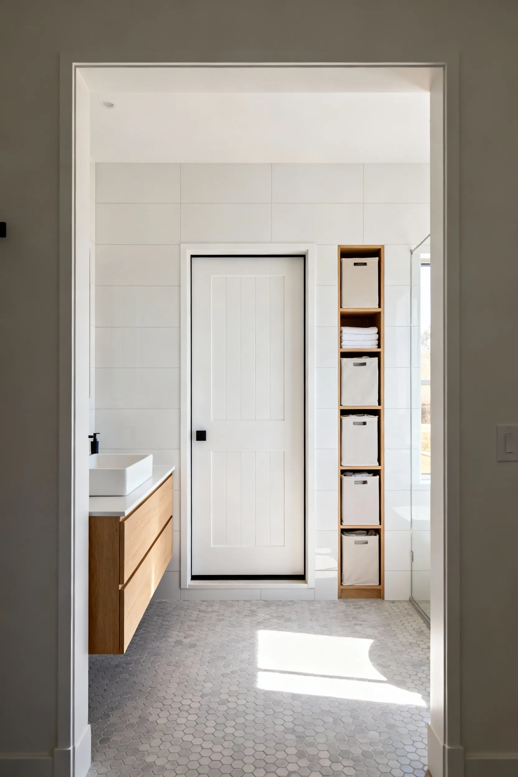 A small, modern bathroom interior showing a compact floating vanity and tall storage tower placed immediately next to a fully recessed pocket door opening, illustrating the significant space saved by eliminating a door swing.