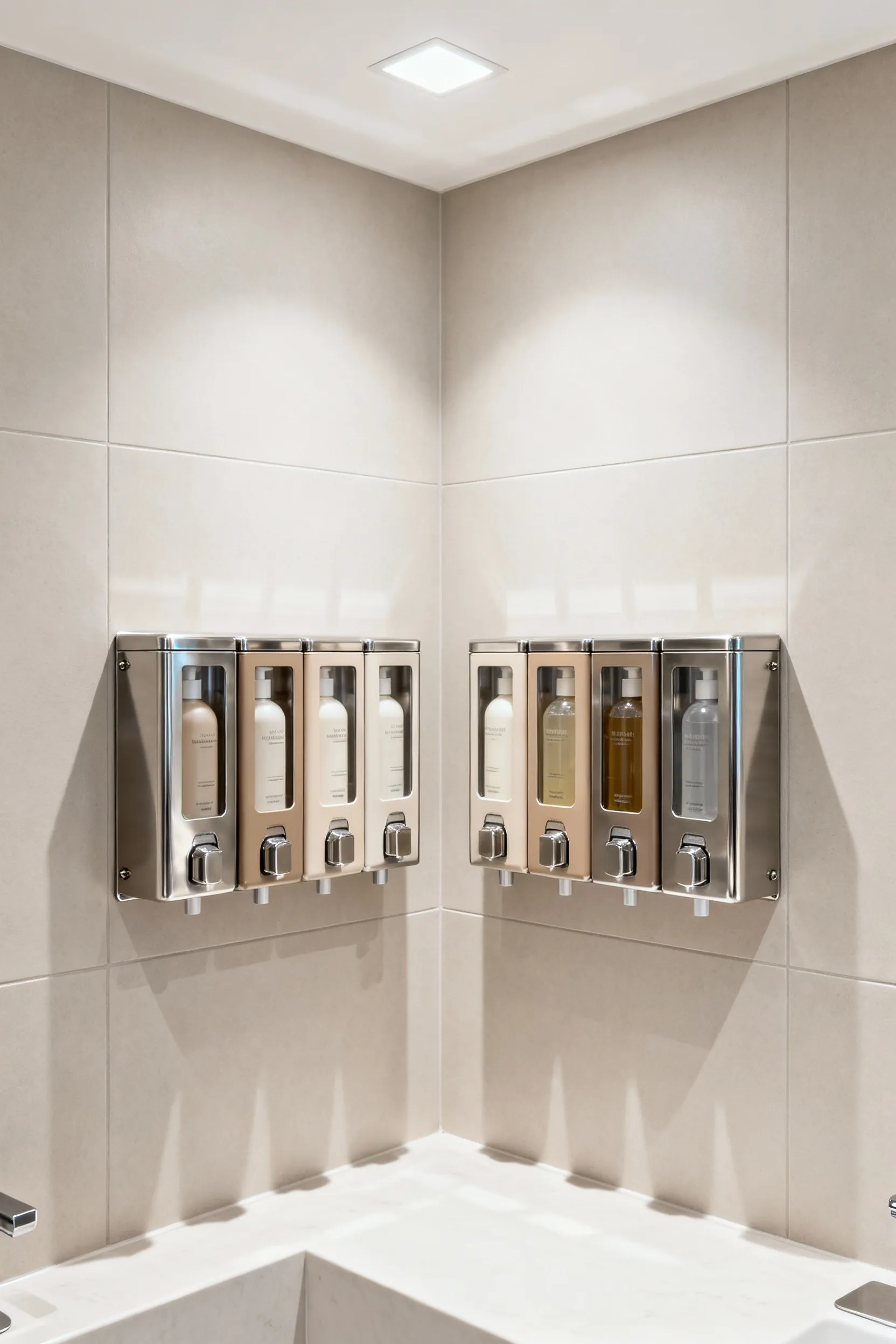 A pristine small bathroom shower featuring sleek stainless steel corner caddies holding minimal product bottles and modern wall-mounted dispensers, illustrating efficient shower storage.