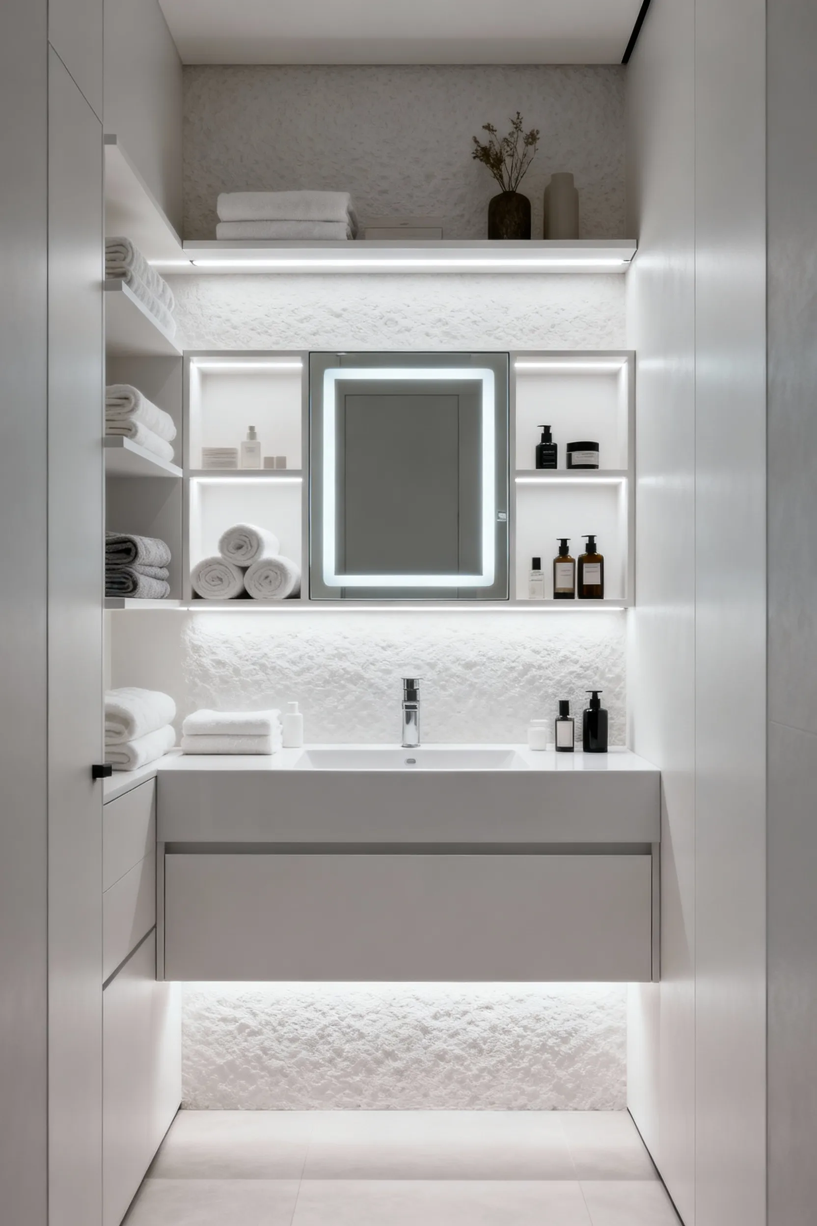 Small bathroom with smart sensor lighting integrated into floating shelves and medicine cabinet, highlighting neatly organized towels and toiletries, enhancing spatial perception.