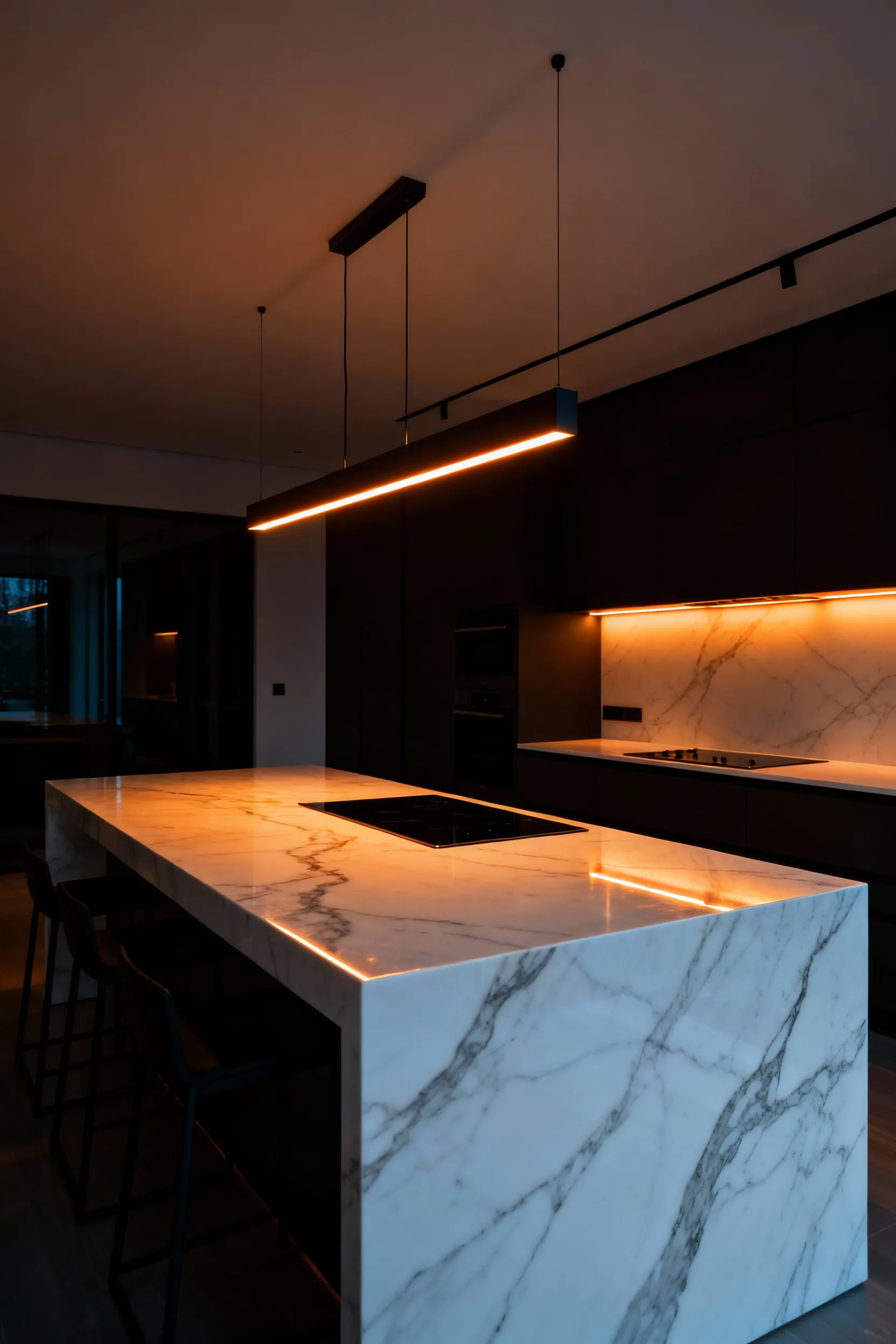 A modern kitchen island with sophisticated smart linear pendant lighting dimmed to a warm, ambient glow, illustrating a