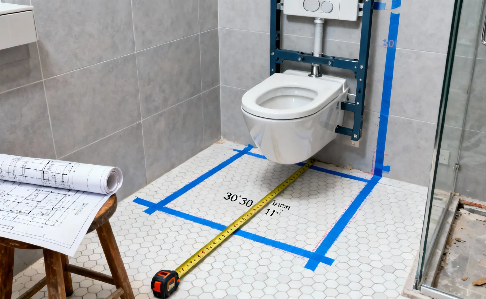 A photograph of a small, renovated bathroom with light gray tile showing measuring tape and blue lines on the floor indicating the precise 30-inch clearance zone required for a toilet fixture according to building codes.