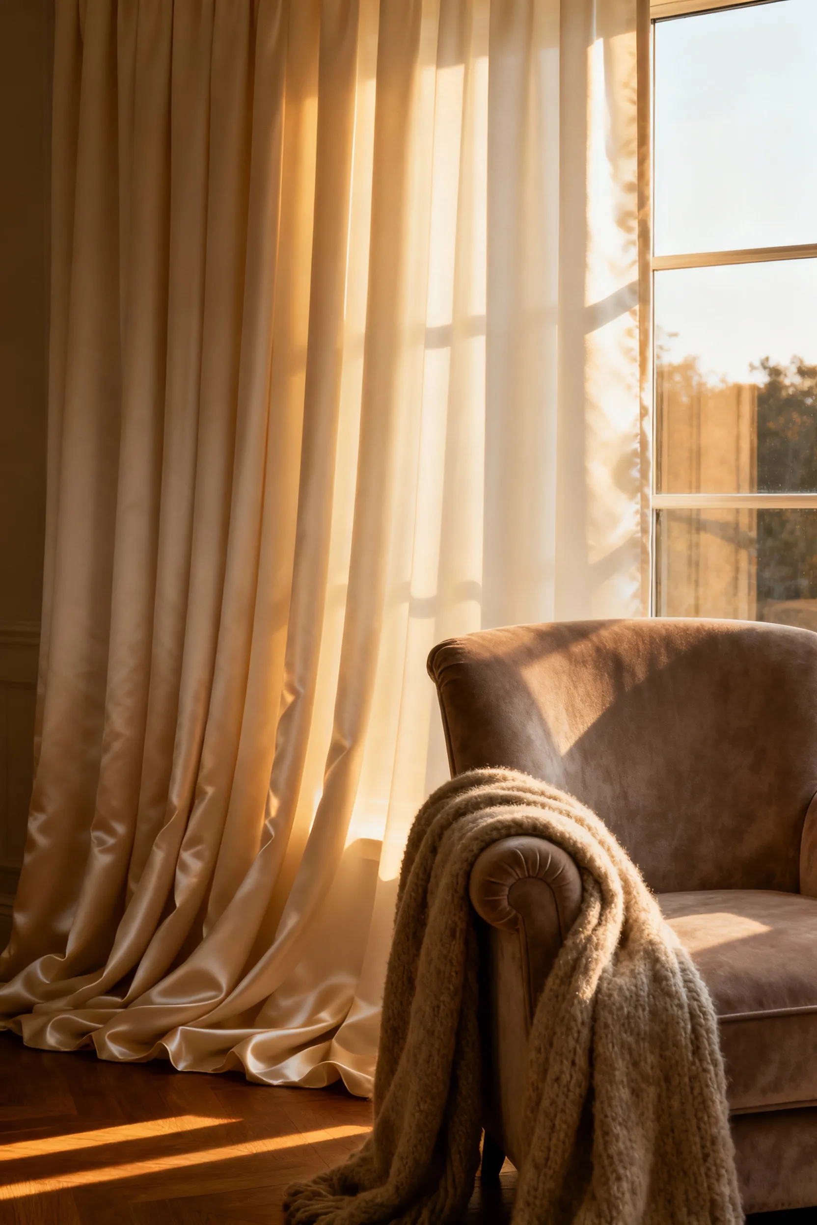 A photograph of deep cream thermal-lined silk drapery cascading in heavy, structured folds beside a velvet armchair in a cozy, sunlit living room.