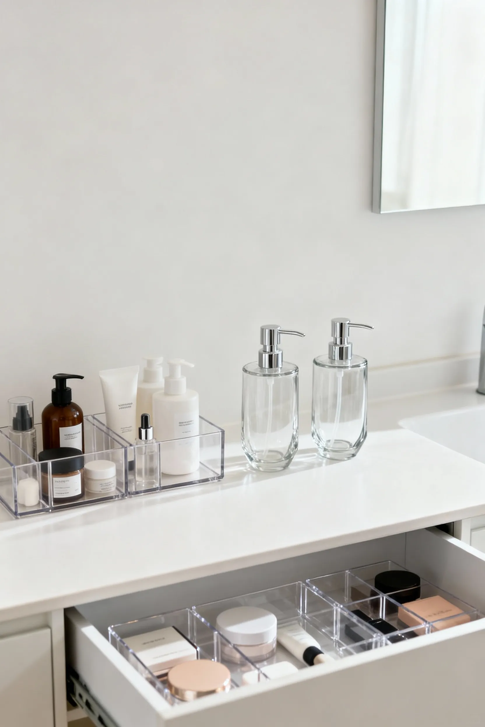 A beautifully organized small bathroom vanity with neatly arranged toiletries and modular storage, demonstrating the 'one-in, one-out' rule for effective clutter prevention.
