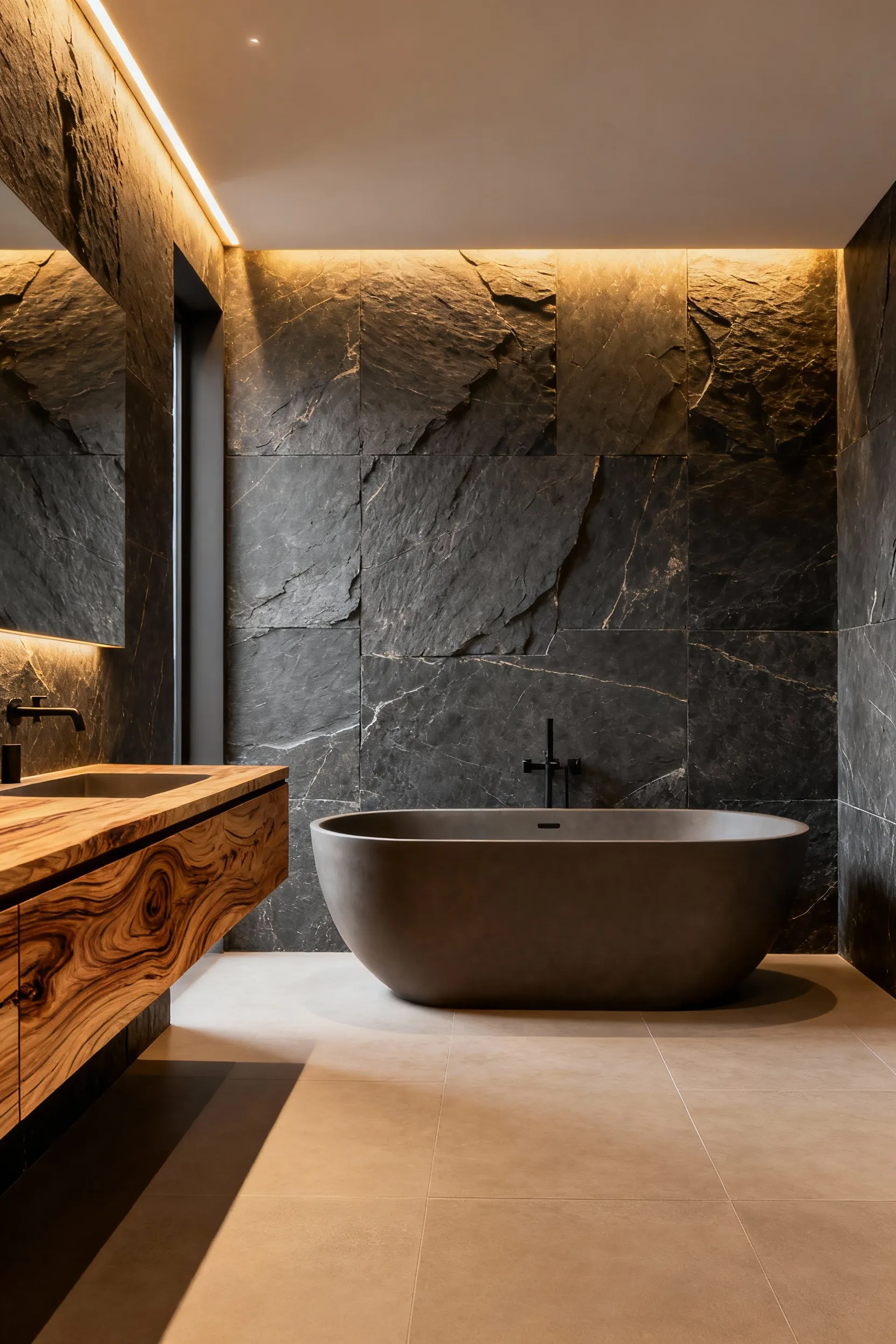 A serene, spa-like bathroom featuring textured matte slate walls and a floating oak wood vanity, emphasizing tactile luxury over cold utility, illustrating material innovation in modern wellness design.
