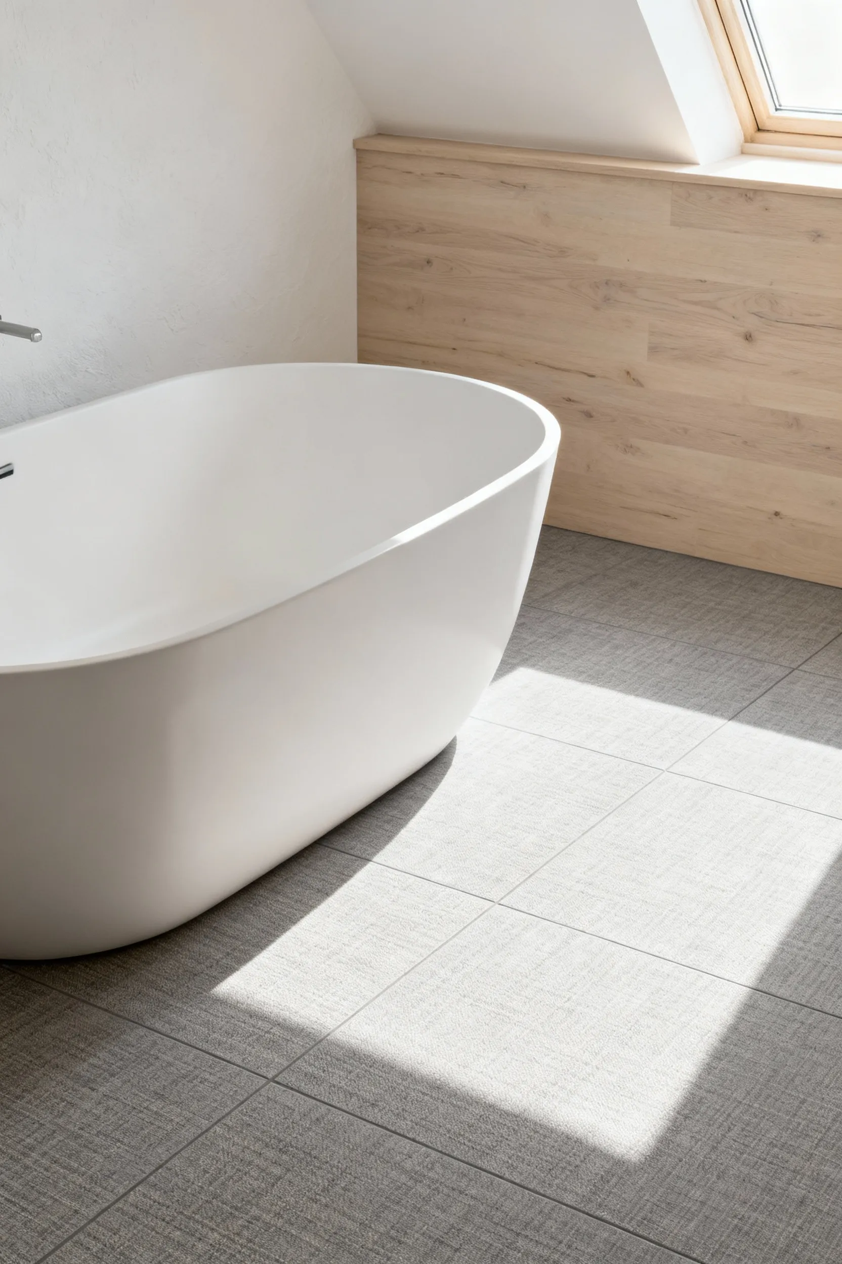 Spacious, hygge-inspired bathroom featuring large format ceramic tiles designed to mimic the texture and woven appearance of natural grey linen fabric, contrasting with a matte white freestanding tub and blonde wood wall paneling under soft morning light.