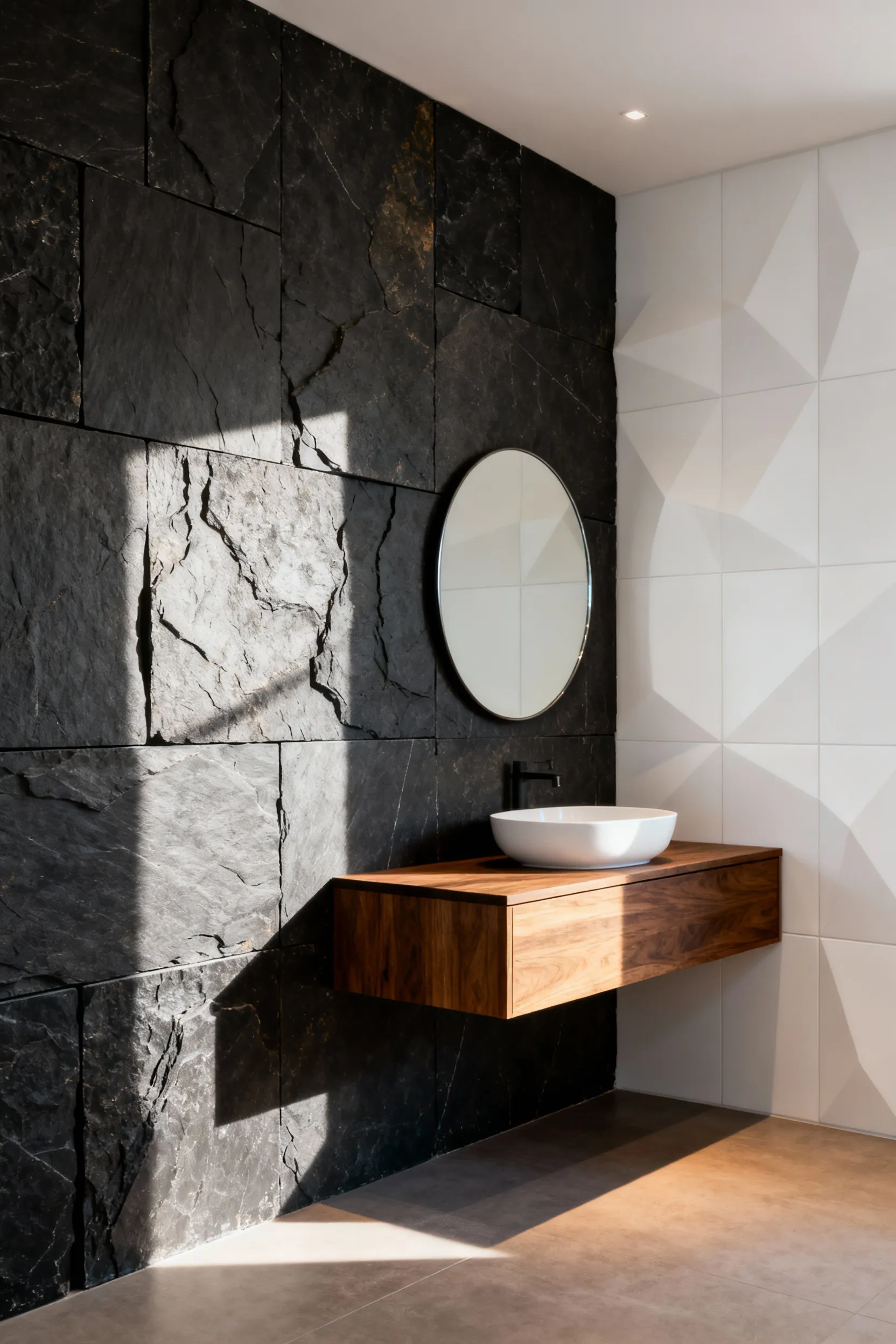 A modern luxury bathroom showing a wall clad in acoustic-diffusing, deeply textured chiseled charcoal slate and dimensional matte white tiles, highlighting the use of surface irregularities to add depth and warmth.
