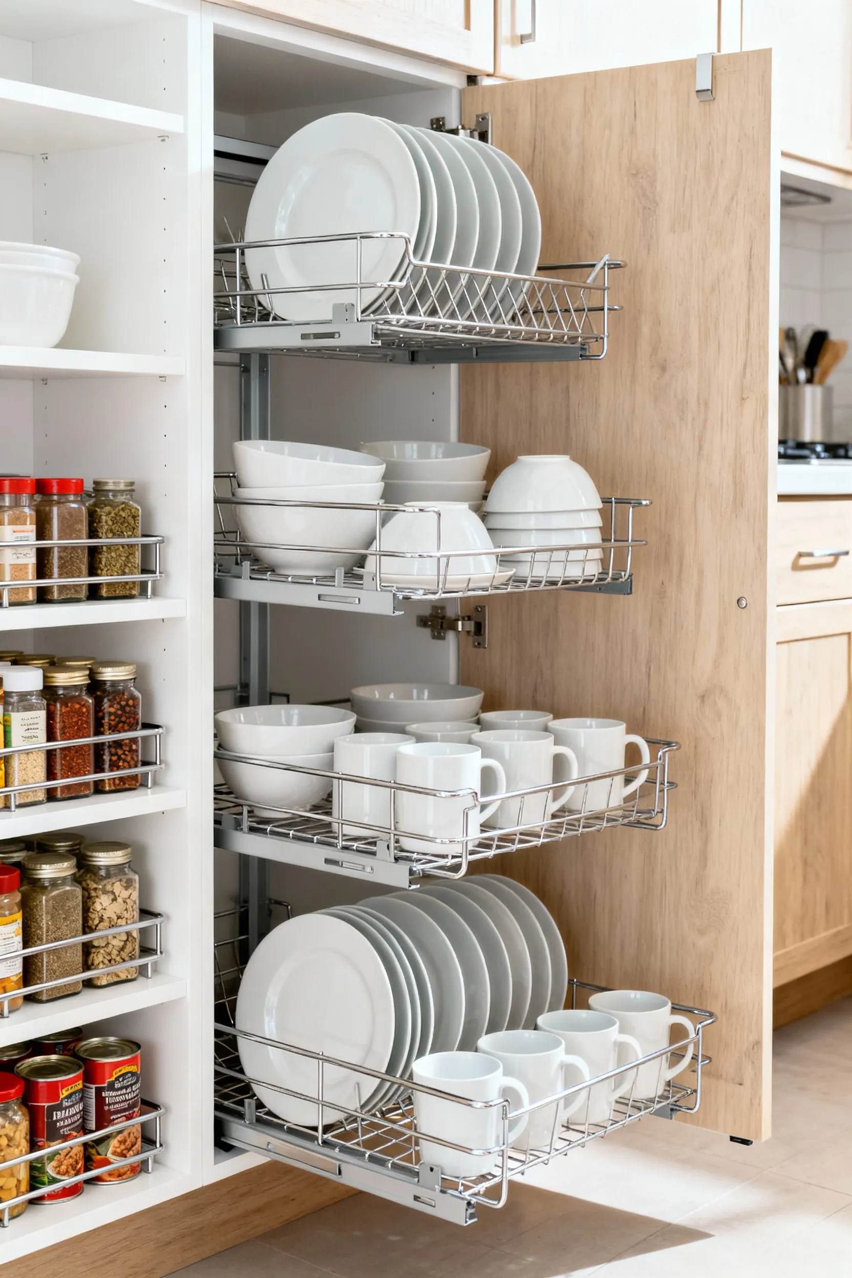 A bright, professional shot of an open kitchen cabinet showcasing chrome tiered shelving inserts with neatly organized plates and spice jars, illustrating maximized vertical space.