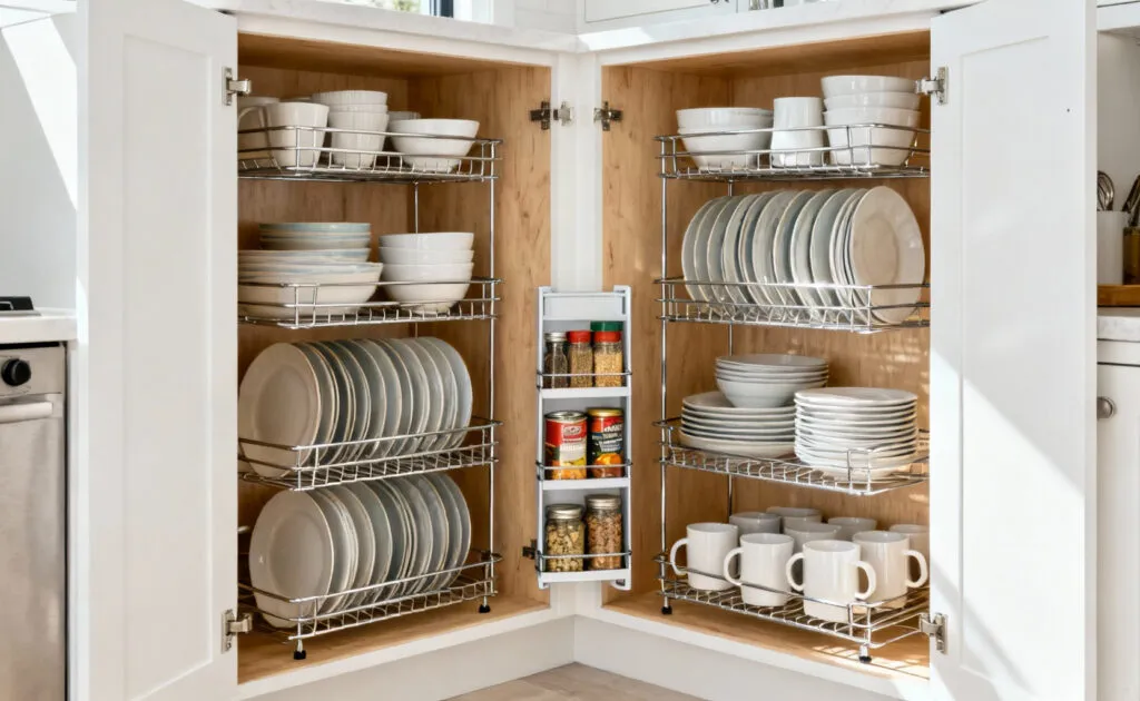 A bright, professional shot of an open kitchen cabinet showcasing chrome tiered shelving inserts with neatly organized plates and spice jars, illustrating maximized vertical space.