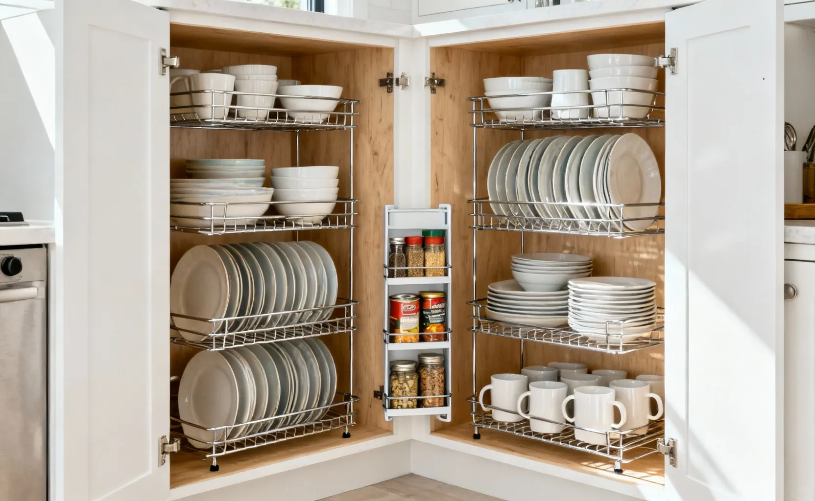 A bright, professional shot of an open kitchen cabinet showcasing chrome tiered shelving inserts with neatly organized plates and spice jars, illustrating maximized vertical space.