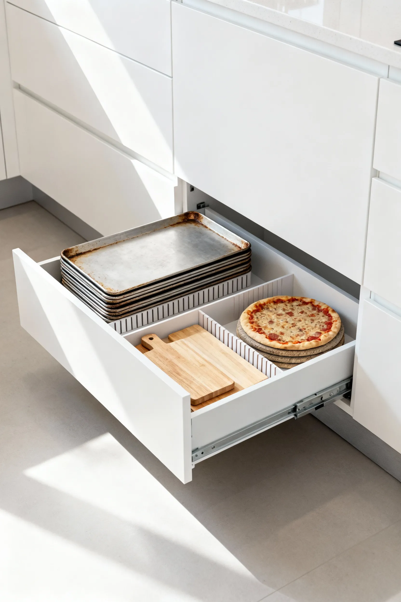 A partially open, white toe-kick drawer at the base of modern kitchen cabinets, neatly organizing baking sheets, platters, and cutting boards, showcasing undetectable low-profile storage.