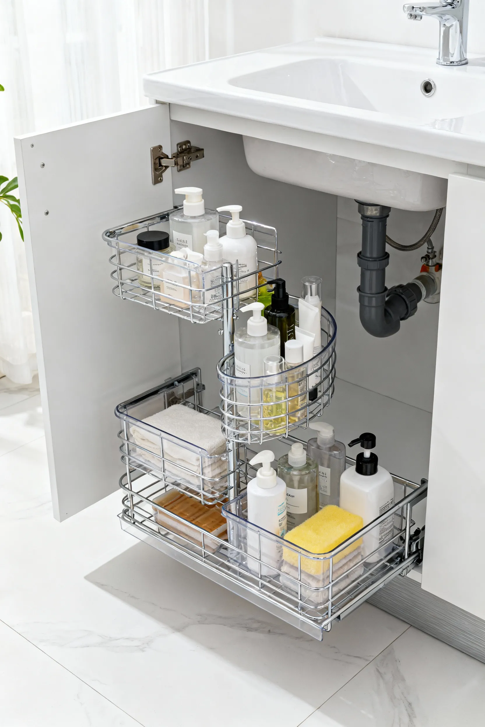 An organized under-sink cabinet in a small bathroom, featuring a chrome-plated U-shaped pull-out drawer system fully extended and neatly arranged with toiletries and cleaning supplies. The image highlights effective use of space around plumbing.