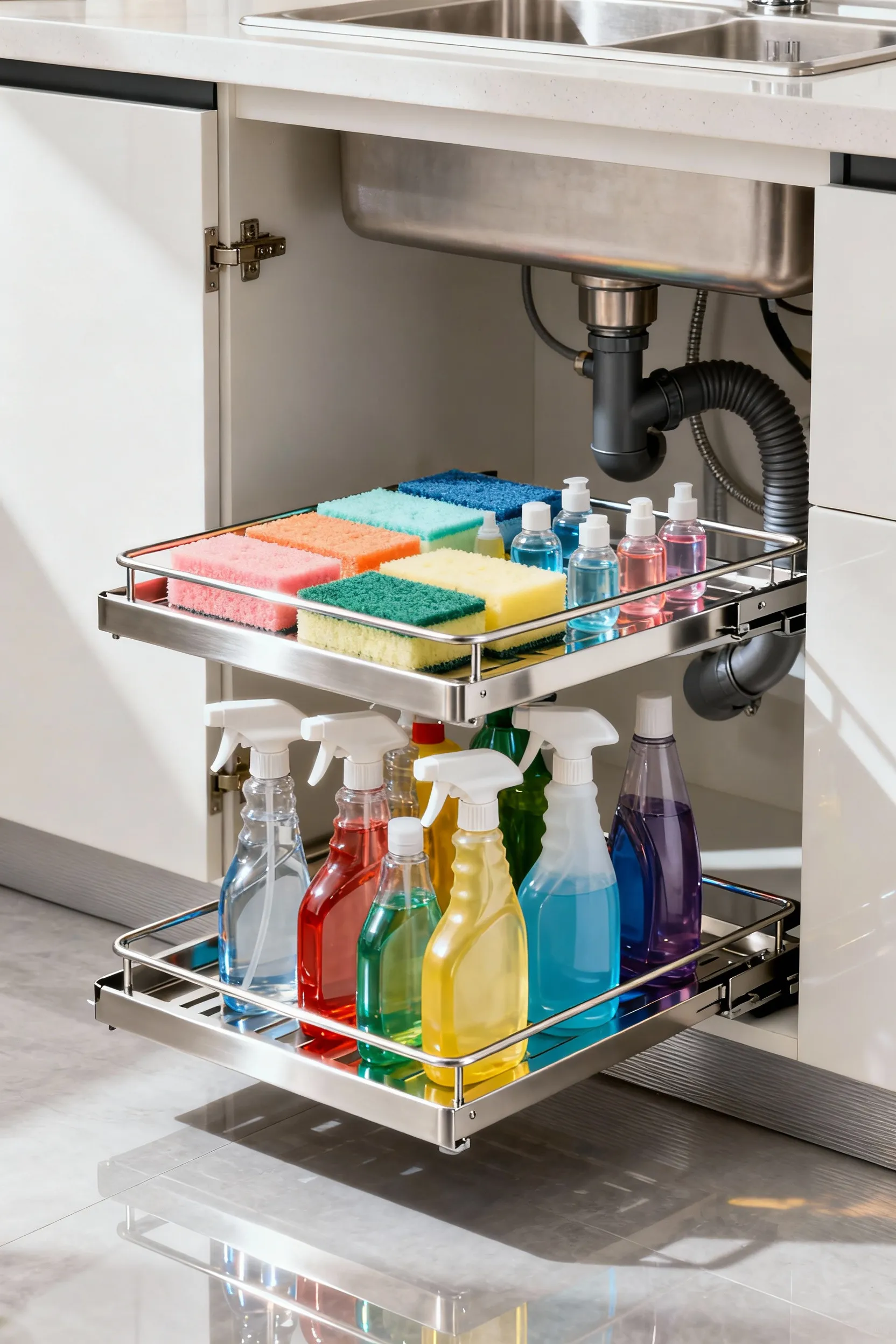 An open under-sink kitchen cabinet with a two-tiered stainless steel pull-out organizer holding various cleaning supplies, dish soaps, and sponges, showcasing optimized vertical storage.