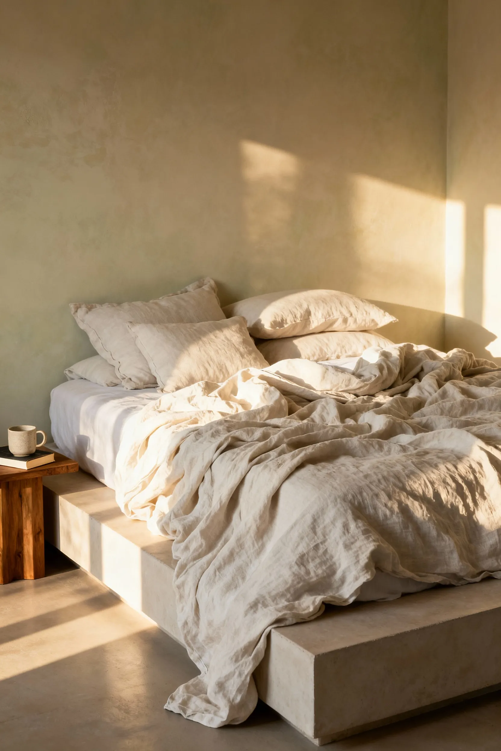A warm, luxurious bedroom featuring a king-sized bed styled with rumpled natural linen bedding in cream and taupe, illustrating the intentionally unmade aesthetic for sophisticated relaxation.