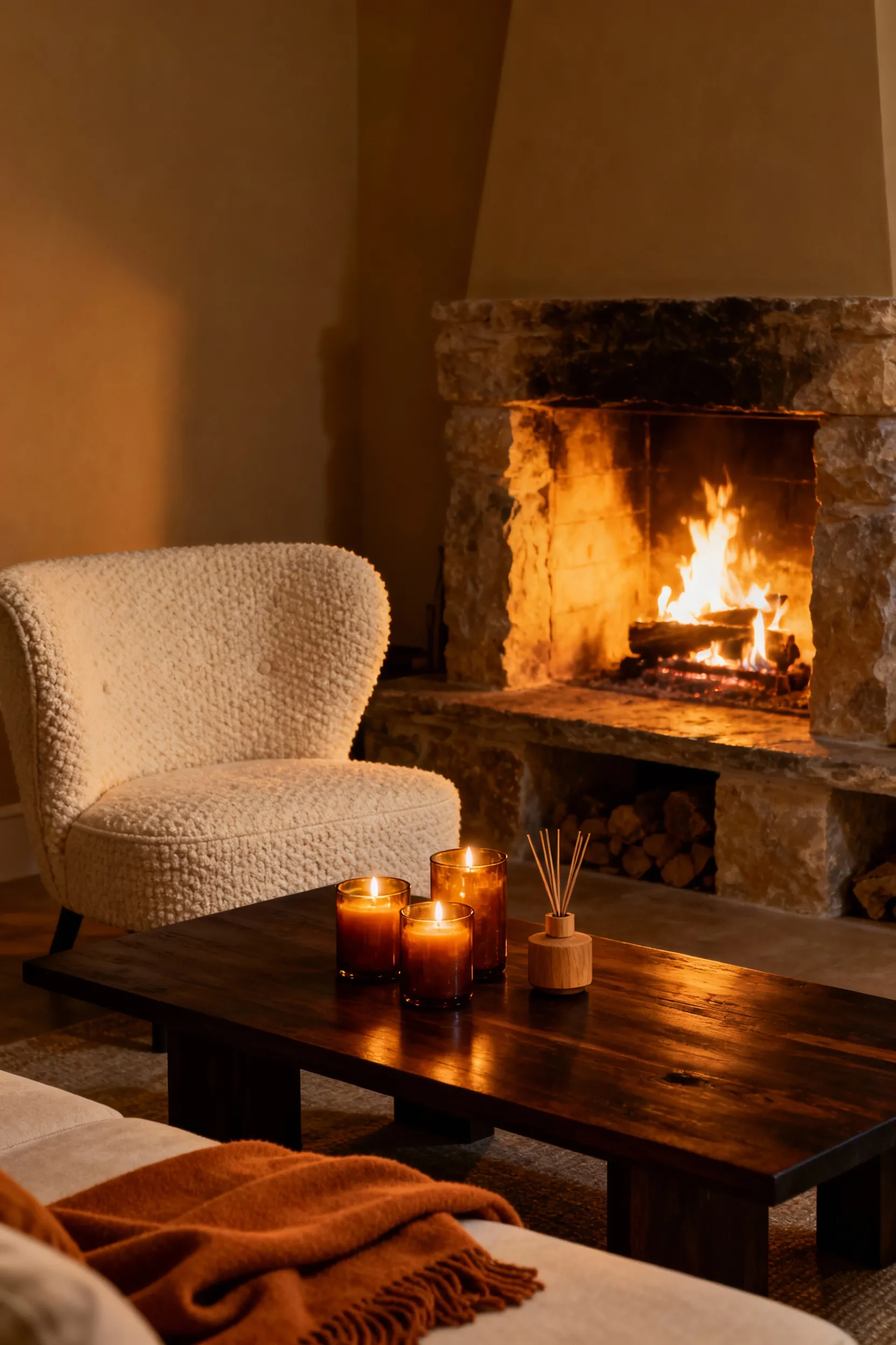 A luxurious, highly textured, cozy living room interior bathed in deep amber and golden light, featuring a boucle sofa and wooden coffee table, designed to illustrate the velvety weight of vanilla, amber, and wood scentscaping.