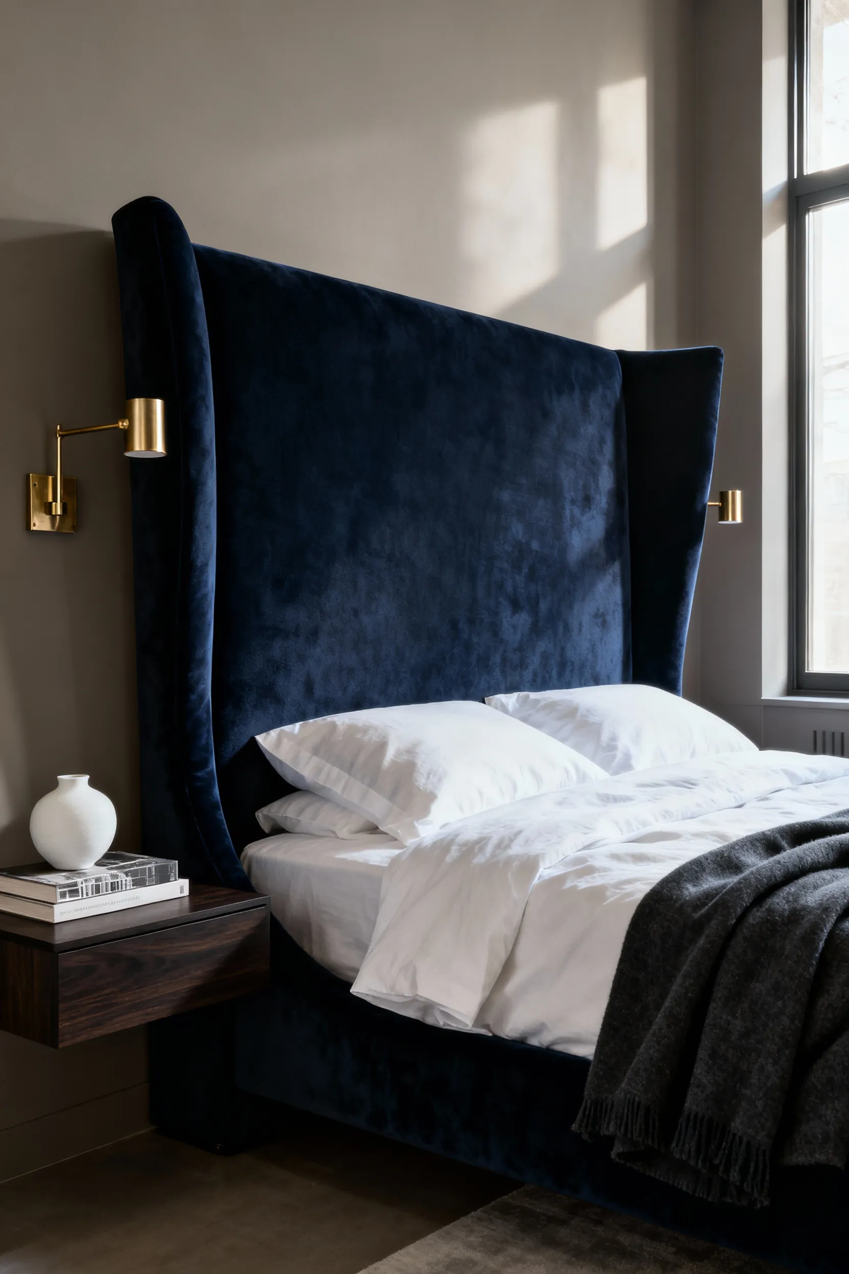 A luxurious modern bedroom featuring an oversized, deep navy velvet wingback headboard that creates a private sanctuary feel, flanked by asymmetrical brass reading sconces and minimalist walnut nightstands.
