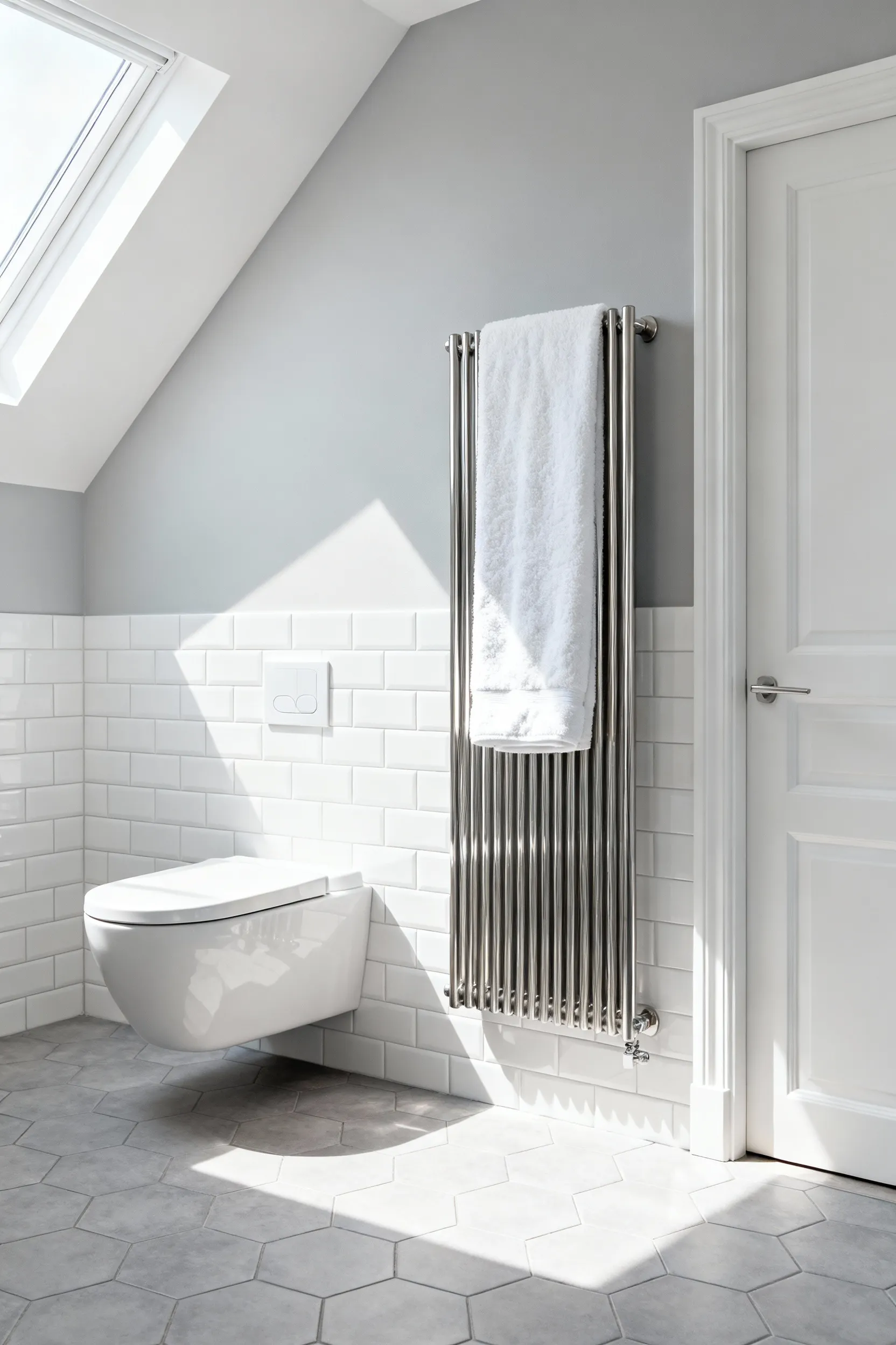 A vertical, single-column brushed stainless steel heated towel warmer mounted in a very narrow space in a small, modern gray and white bathroom, demonstrating efficient use of wall height.