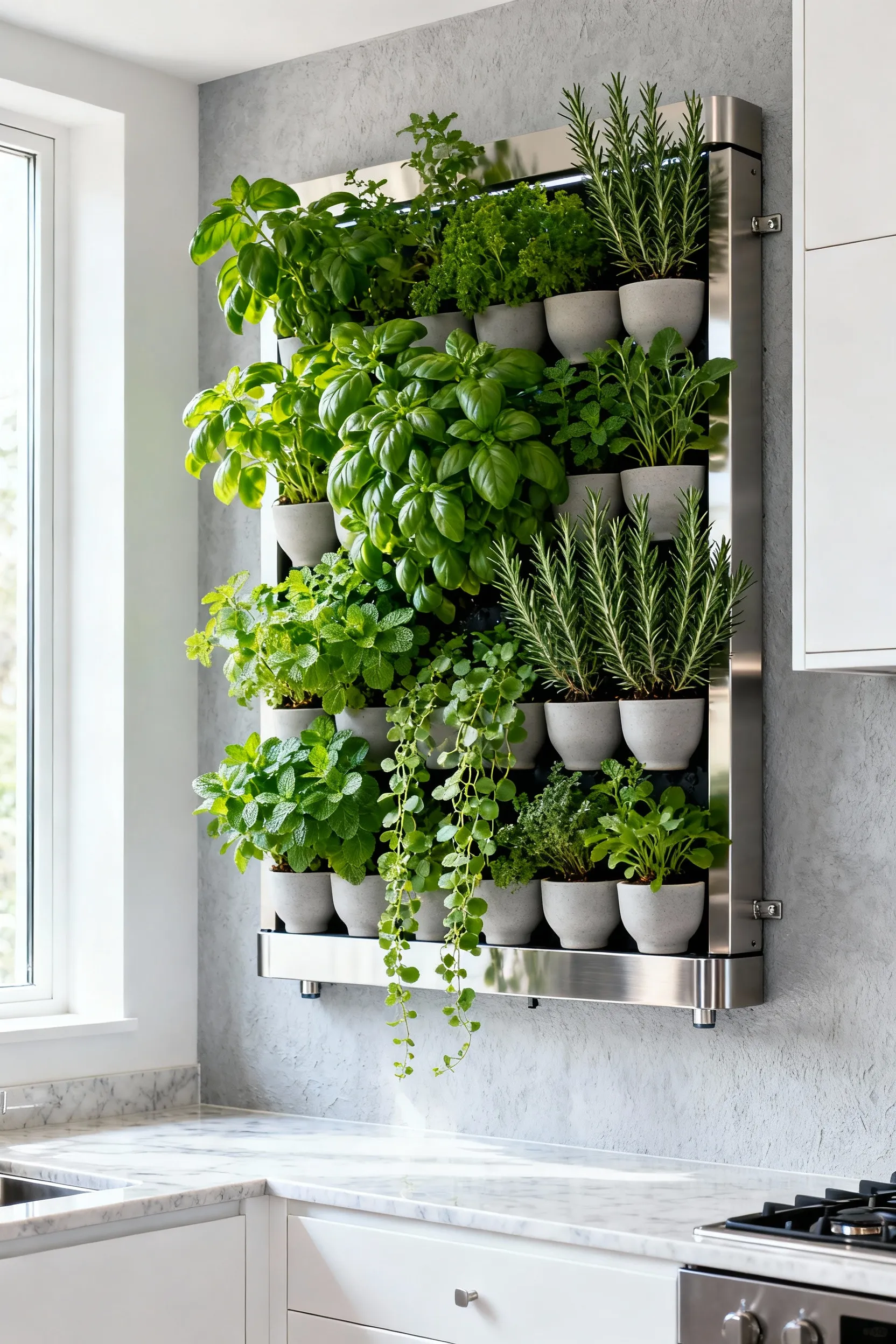 A vertical hydroponic herb garden featuring basil, mint, and rosemary mounted on a light gray wall in a modern kitchen, illustrating biophilic kitchen wall decor ideas.
