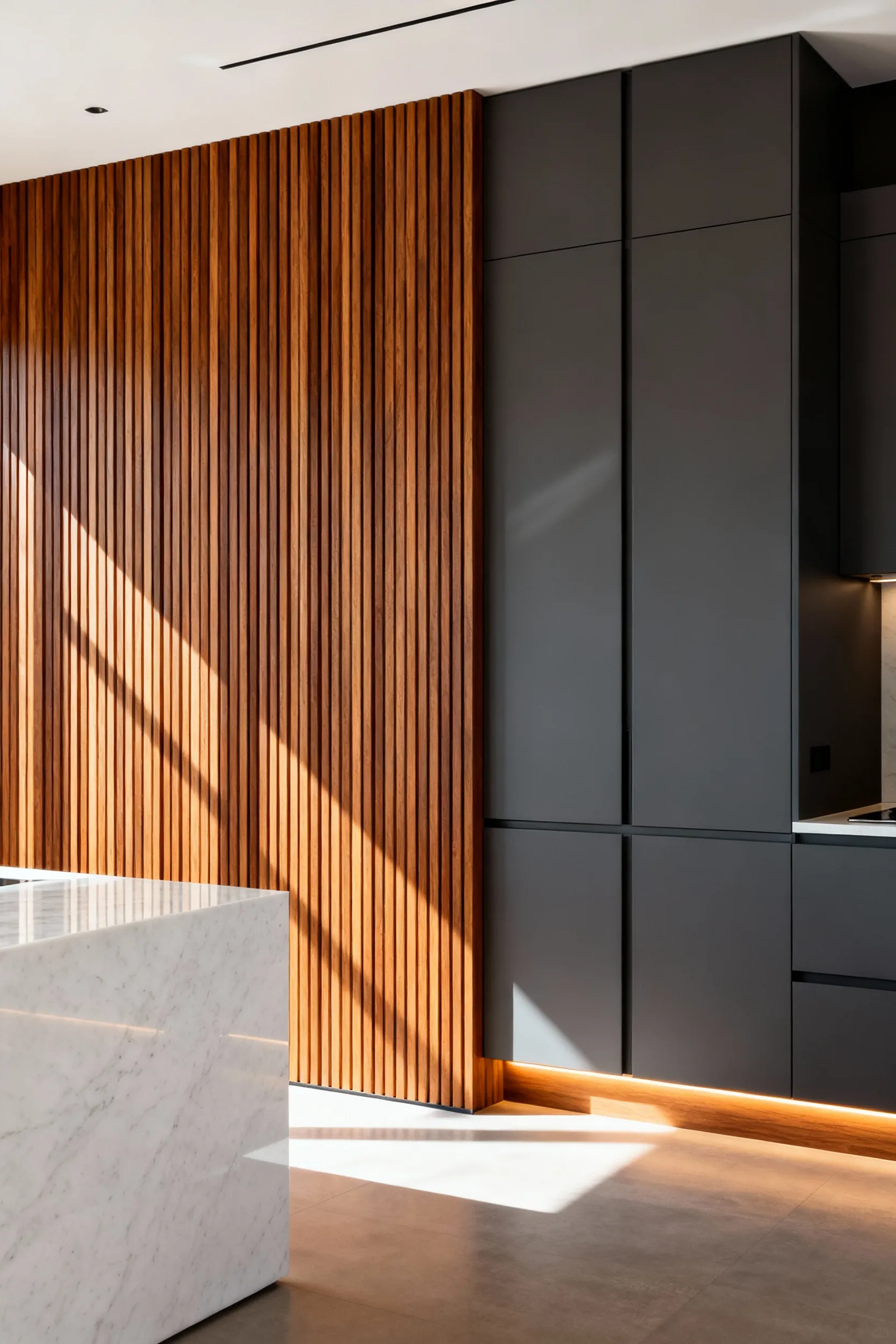 Contemporary kitchen wall decor featuring full-height vertical oak wood slats that introduce visual rhythm and acoustic dampening above a white stone countertop.
