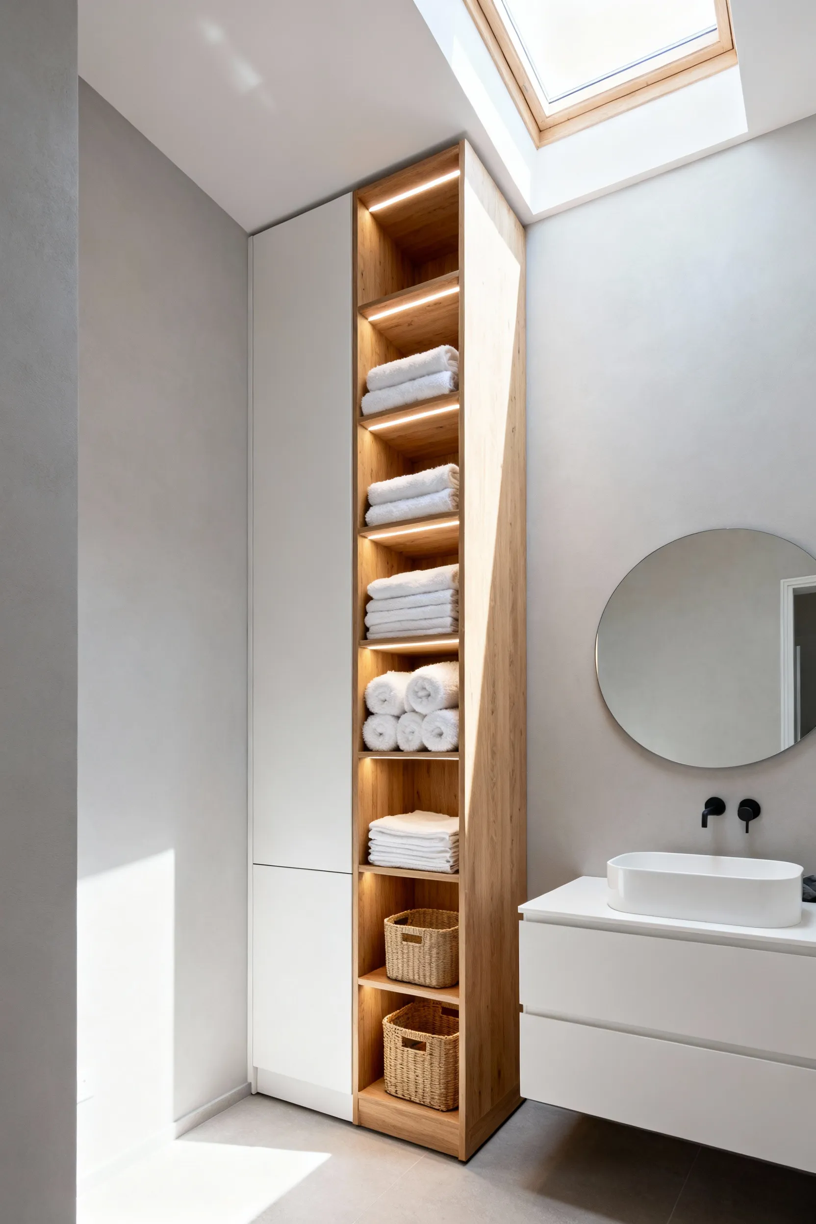 A floor-to-ceiling linen tower maximizing storage in a small, modern bathroom, using vertical space to create the illusion of higher ceilings.