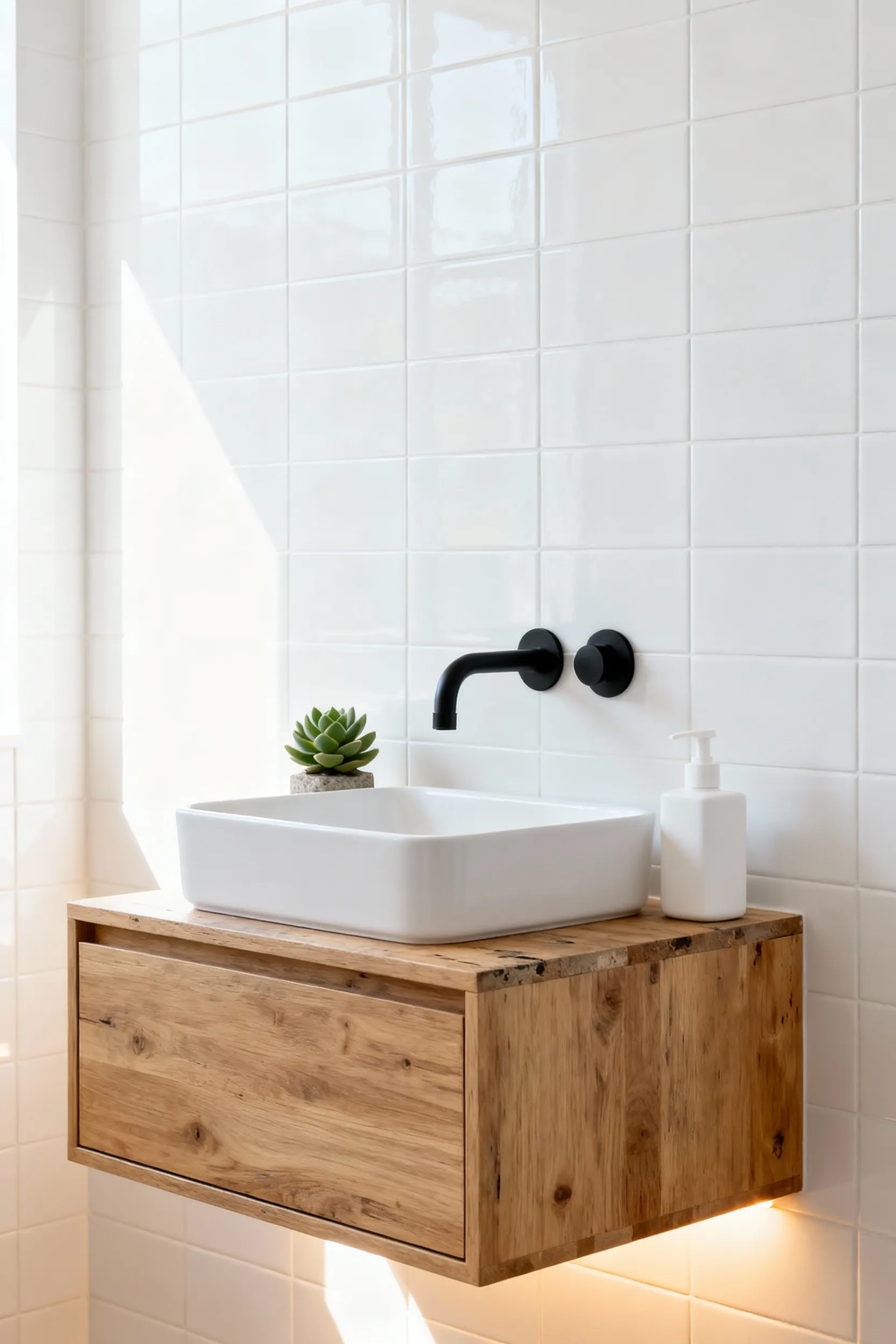 Modern small bathroom featuring an 18-inch floating vanity with a vessel sink and a matte black wall-mounted faucet, illustrating how the faucet placement frees up critical usable countertop space for daily essentials.