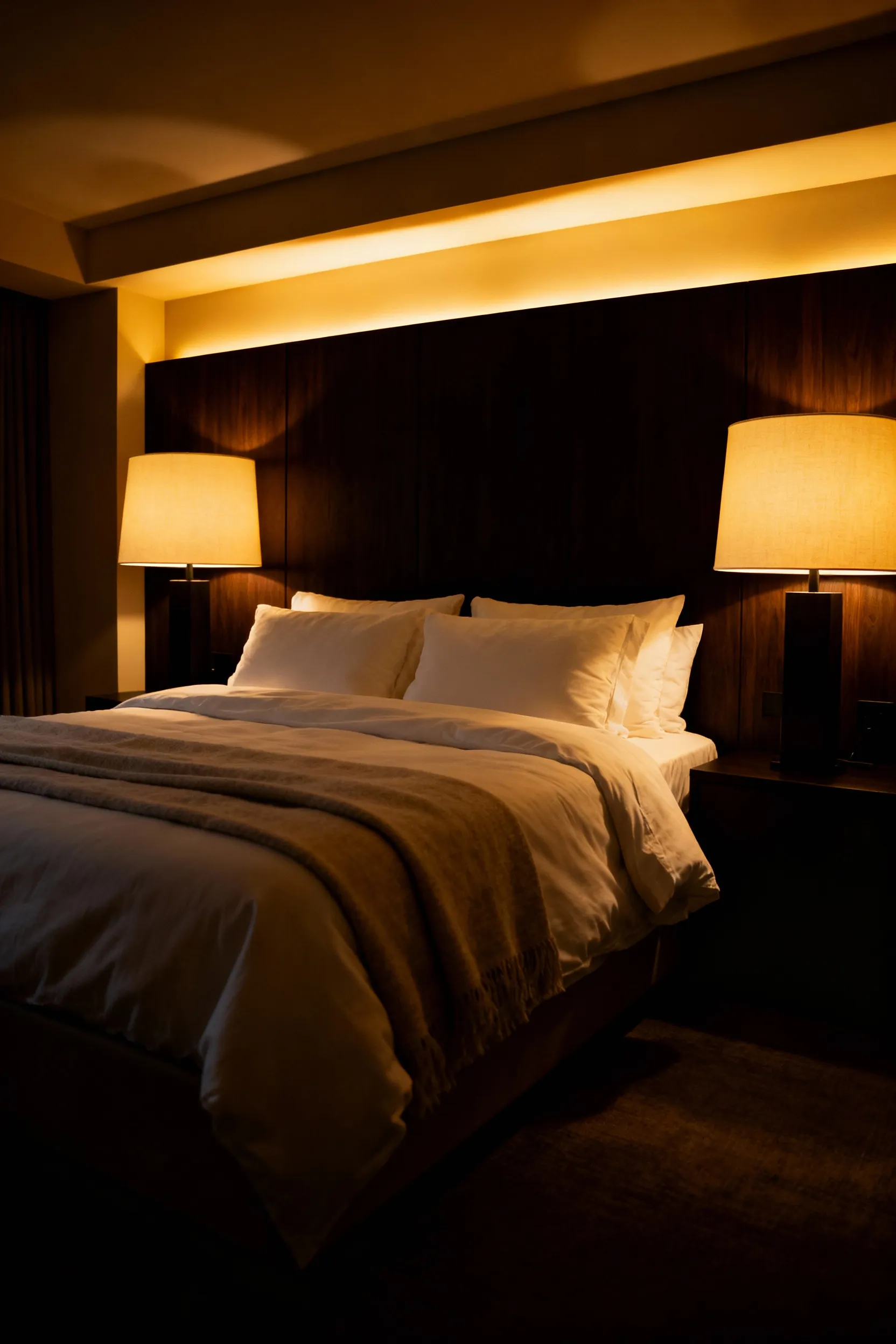 A photograph of a luxurious, modern primary bedroom bathed entirely in deep golden light (2800K warm color temperature), illustrating foundational lighting designed to promote rest and sleep.
