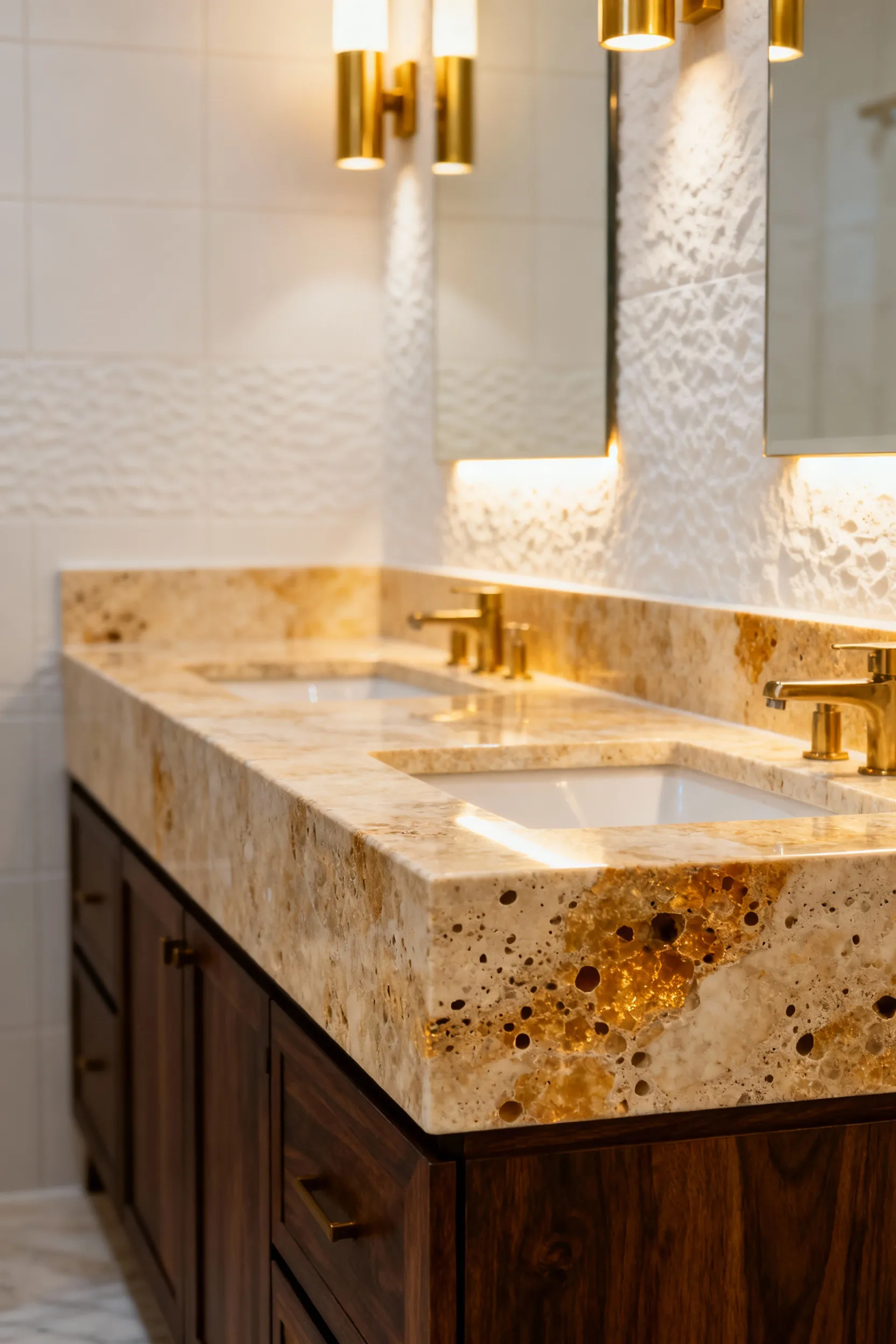 Luxurious bathroom vanity featuring a golden Travertine countertop illuminated by warm 2800K lighting, emphasizing the stone's rich beige and golden undertones.