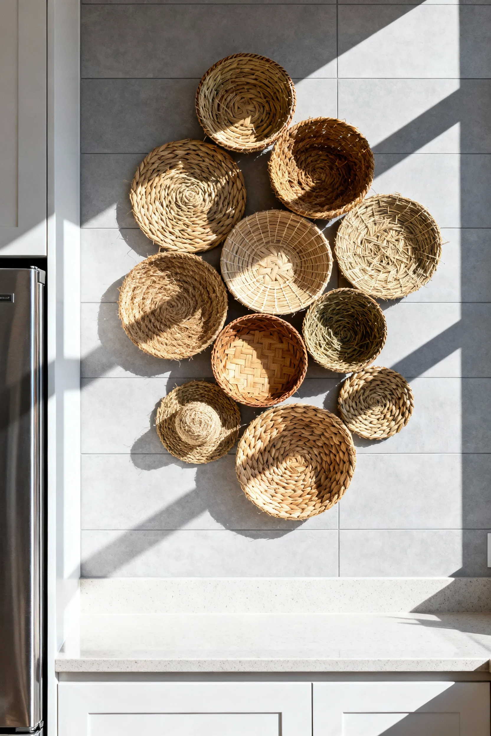 A photograph of a contemporary kitchen wall featuring a cluster of woven wall baskets made from natural fibers, offering organic texture contrast to the smooth gray tile and stainless steel surfaces.