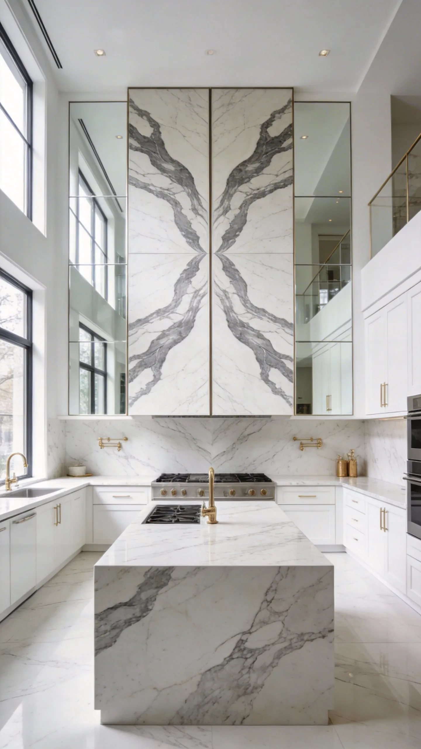 A luxury white kitchen design featuring symmetrical bookmatched marble on the island and backsplash.