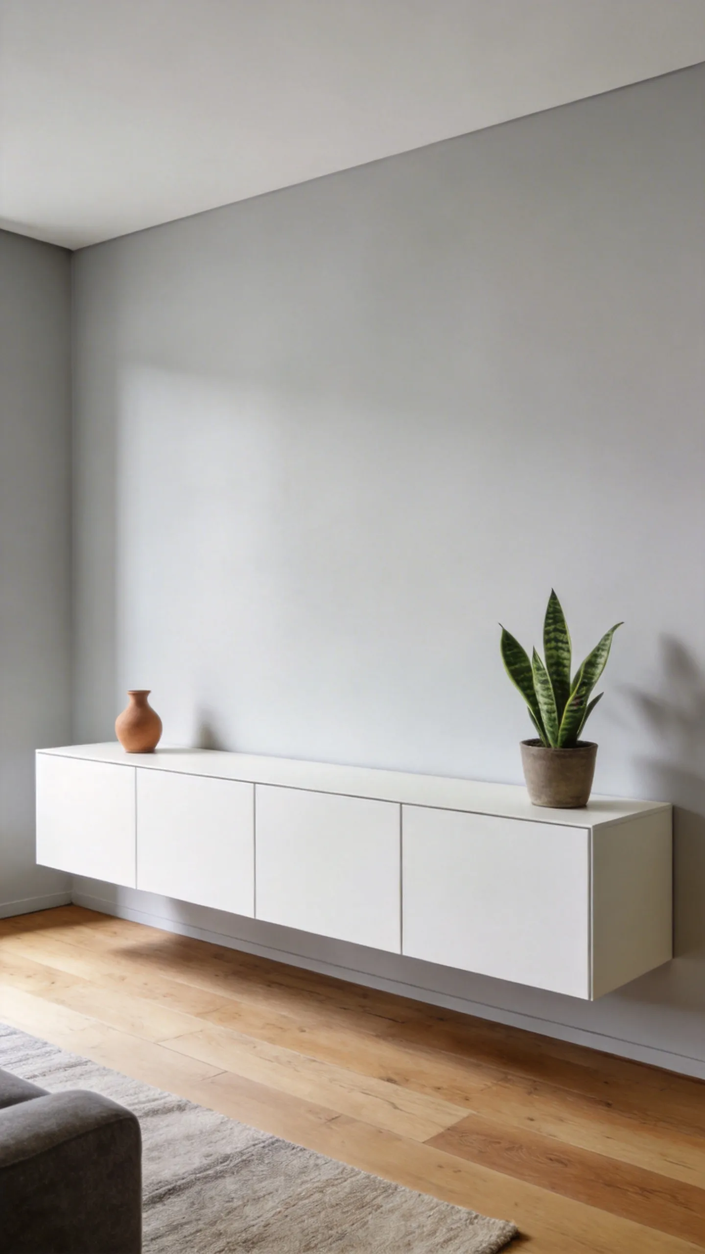 A minimalist living room featuring a long, closed, handleless white storage cabinet against a pale gray wall, emphasizing negative space and clean organization to reduce visual clutter.