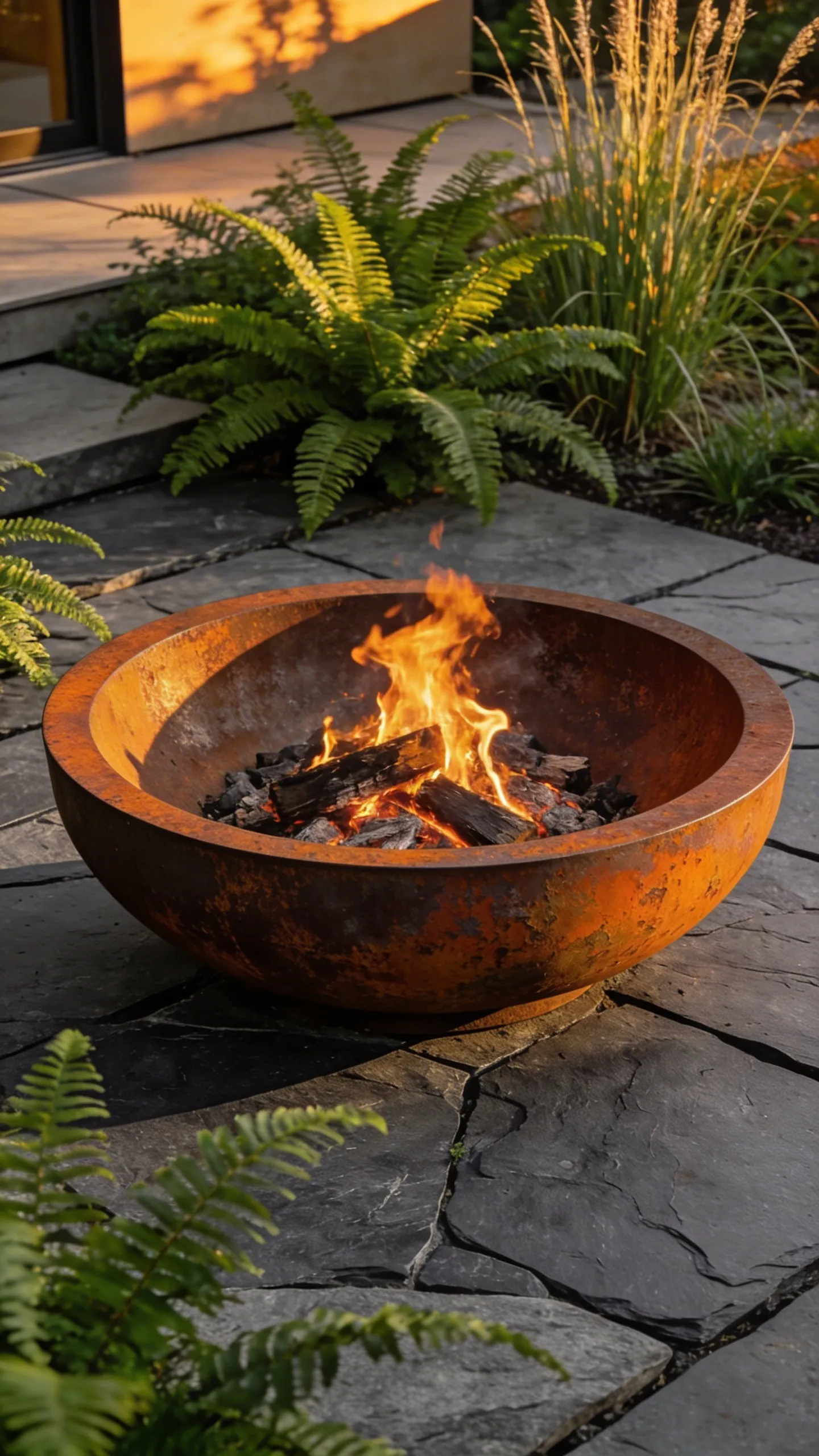 A weathered Corten steel fire bowl with a rusted orange finish burning brightly on a modern grey stone patio at sunset.