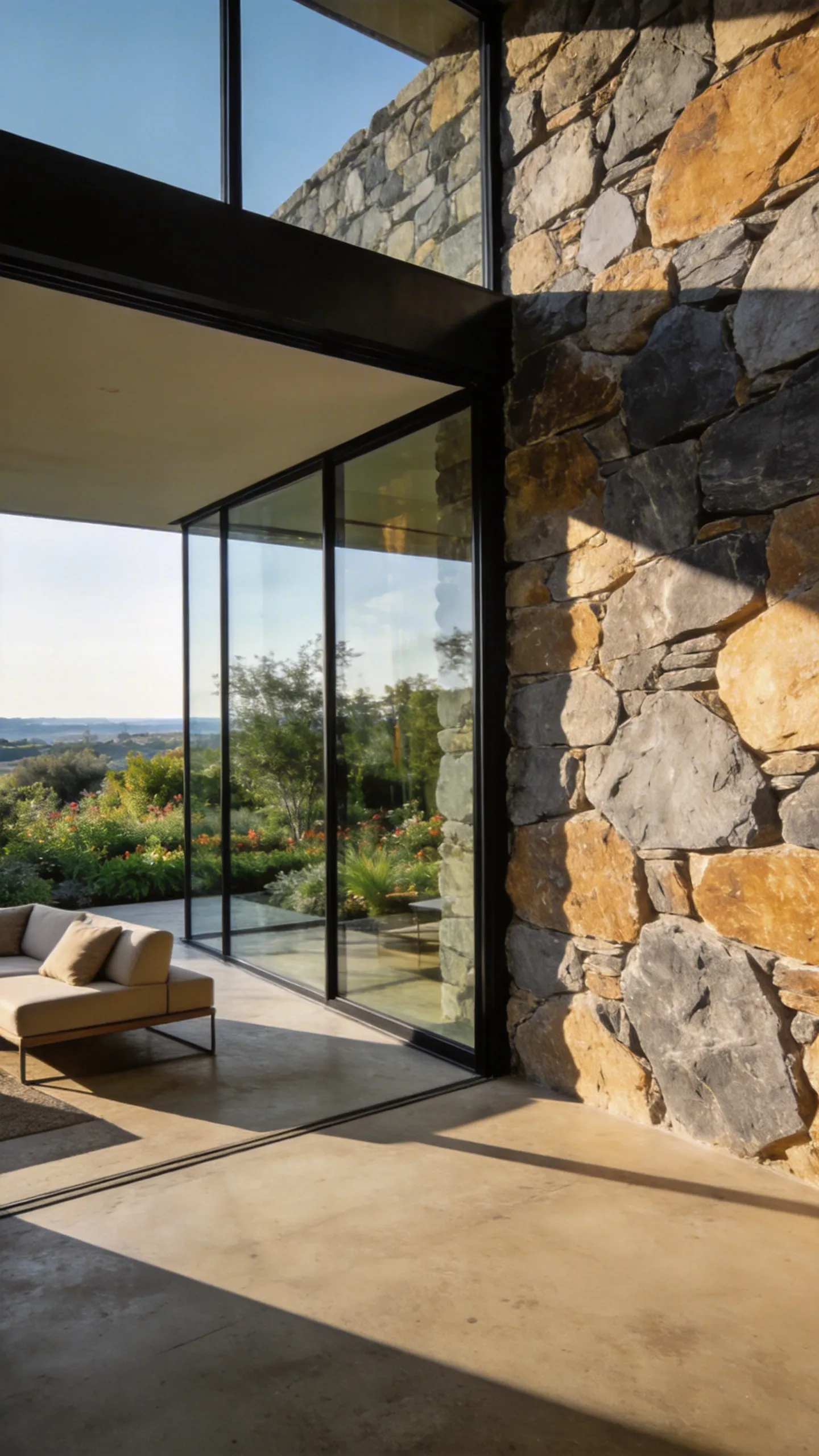 A modern luxury patio design featuring a thick fieldstone wall next to large architectural glass windows overlooking a garden.