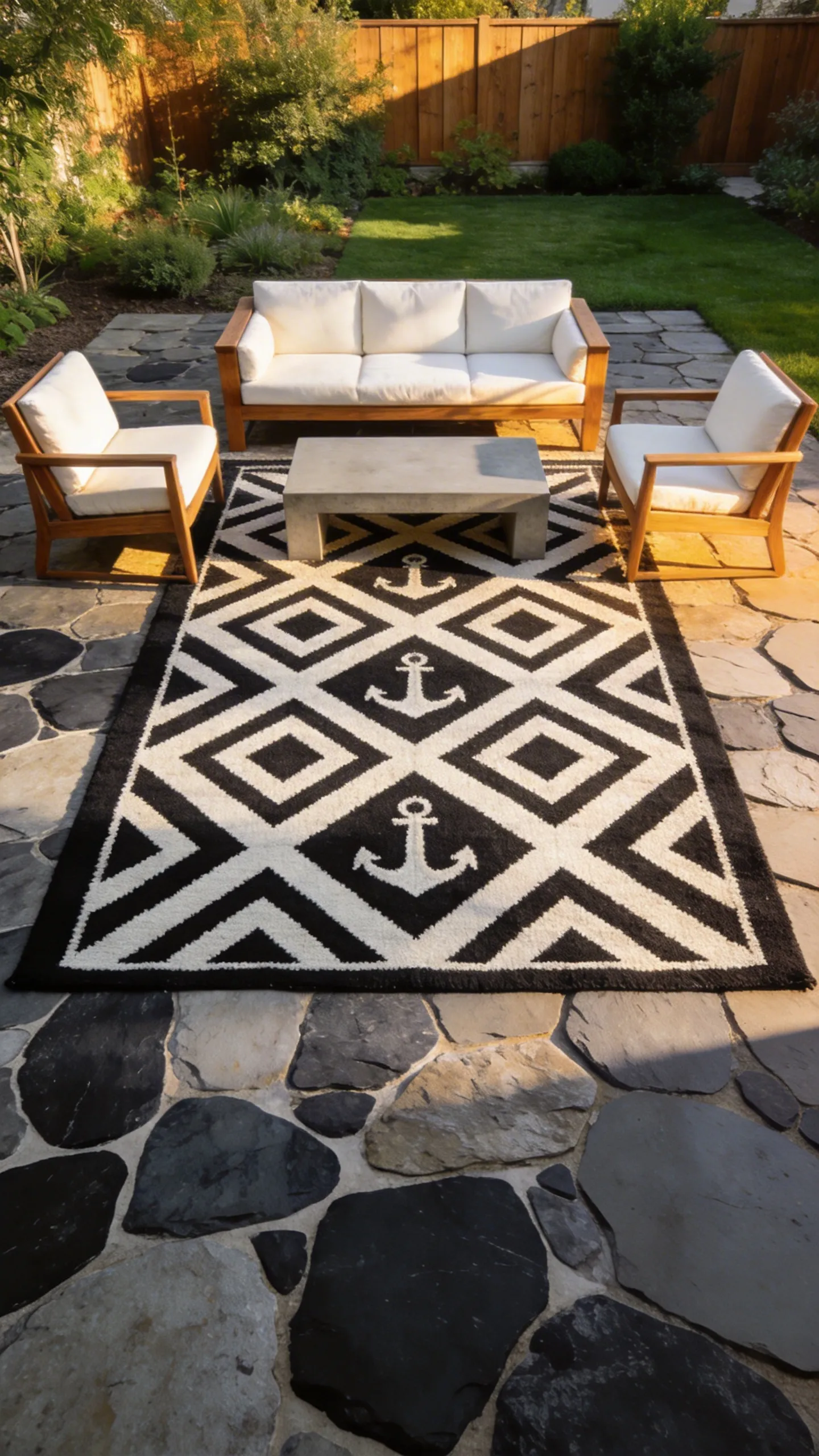 A modern black and white geometric flatweave rug layered over an organic flagstone patio floor with contemporary outdoor furniture.
