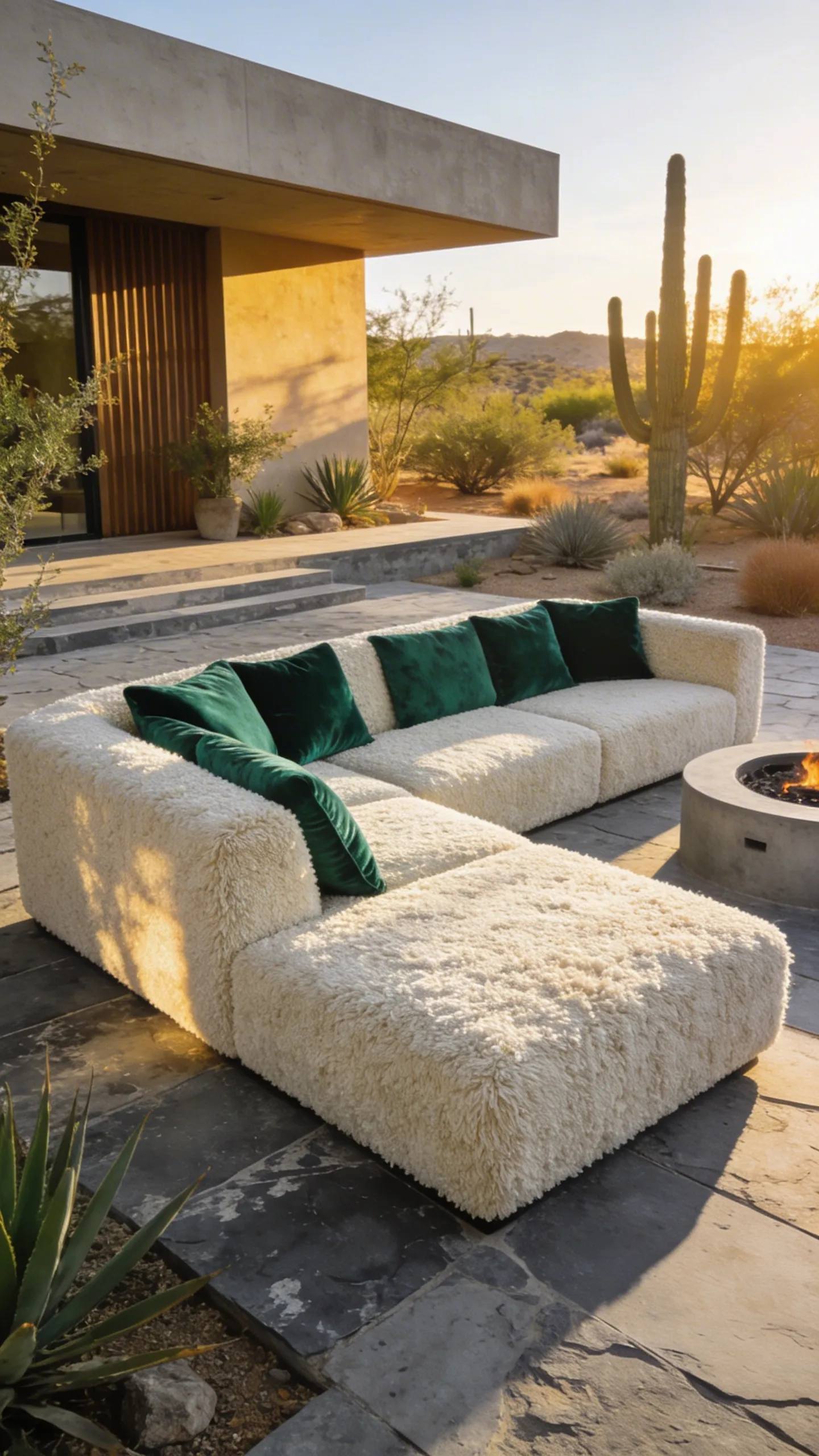 A luxury outdoor patio featuring textured bouclé sofas and emerald green velvet pillows on a stone deck.