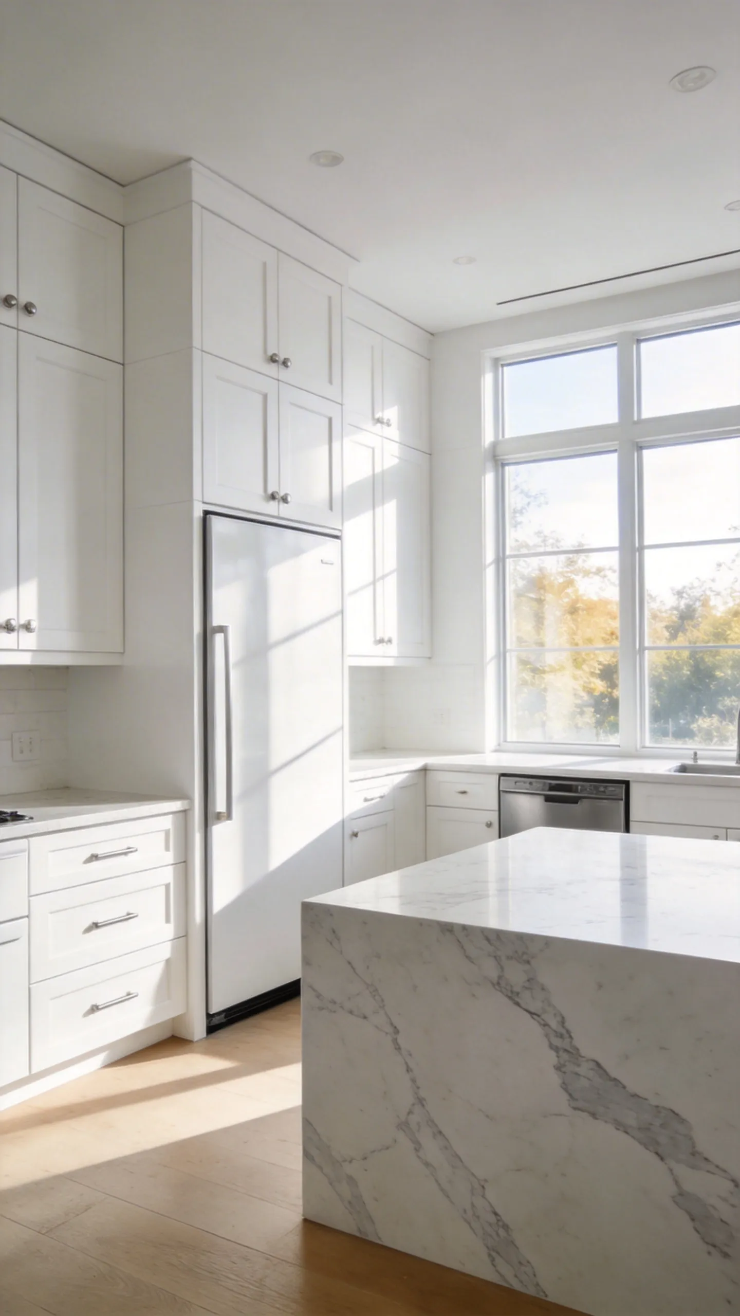 A modern white kitchen design featuring integrated paneled appliances that blend seamlessly with the cabinetry for a minimalist look.