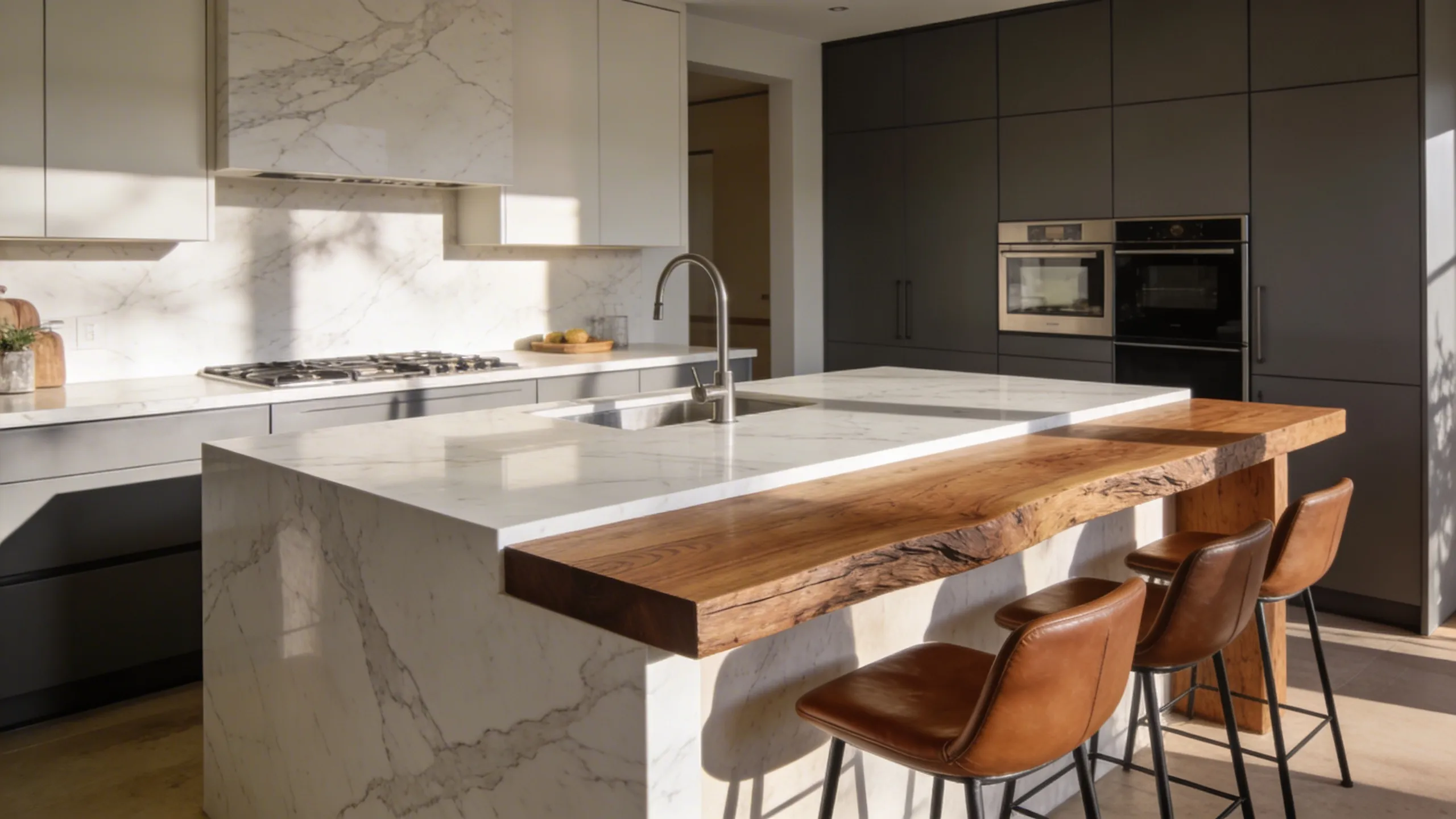 A modern kitchen island with seating featuring a combination of cold marble surfaces and warm walnut wood to influence social flow.