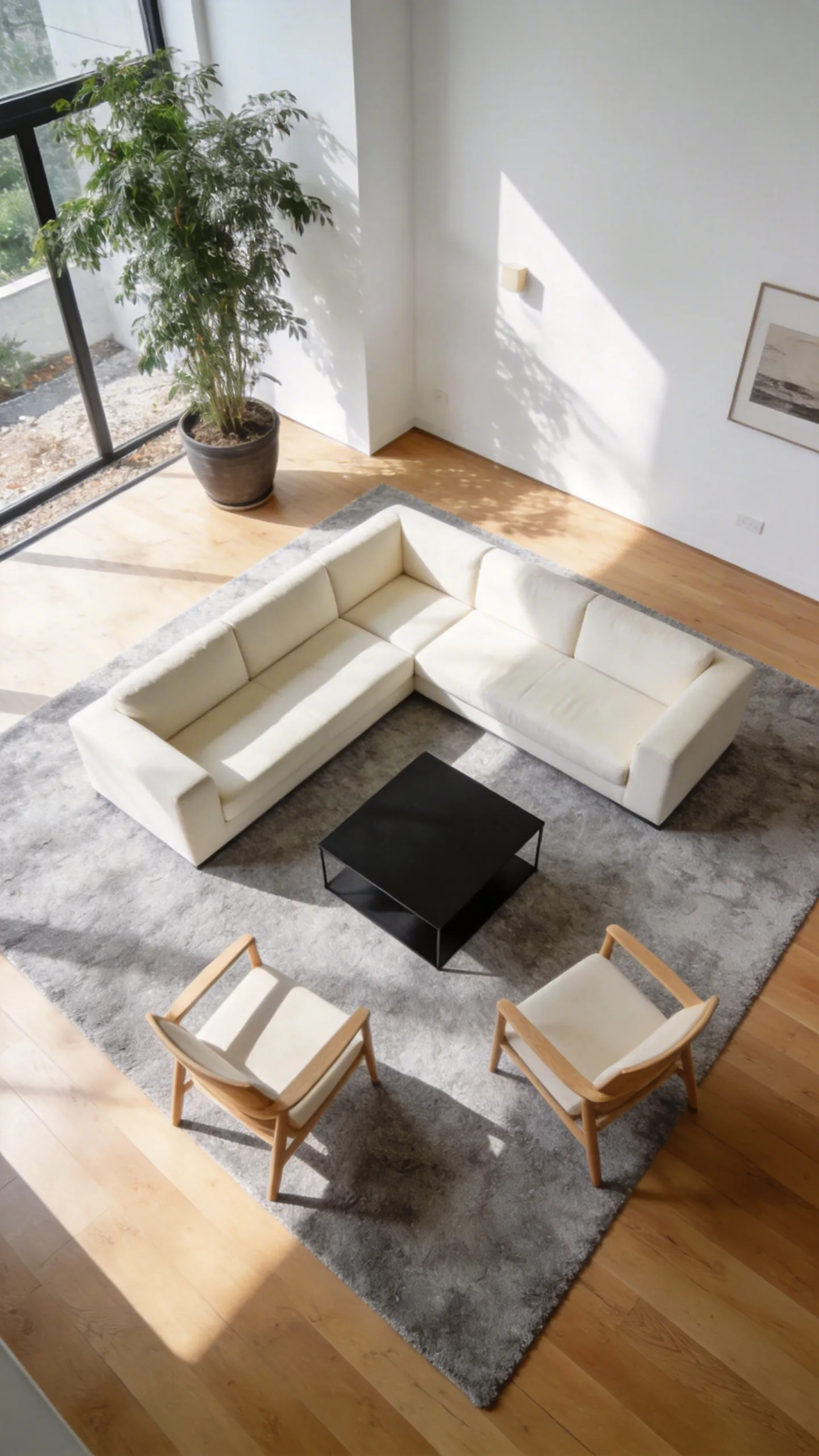 A photograph of a simple, modern open-concept living room where a large, neutral area rug successfully anchors an oatmeal sectional sofa, two chairs, and a coffee table, clearly defining the seating zone against the wood floor.
