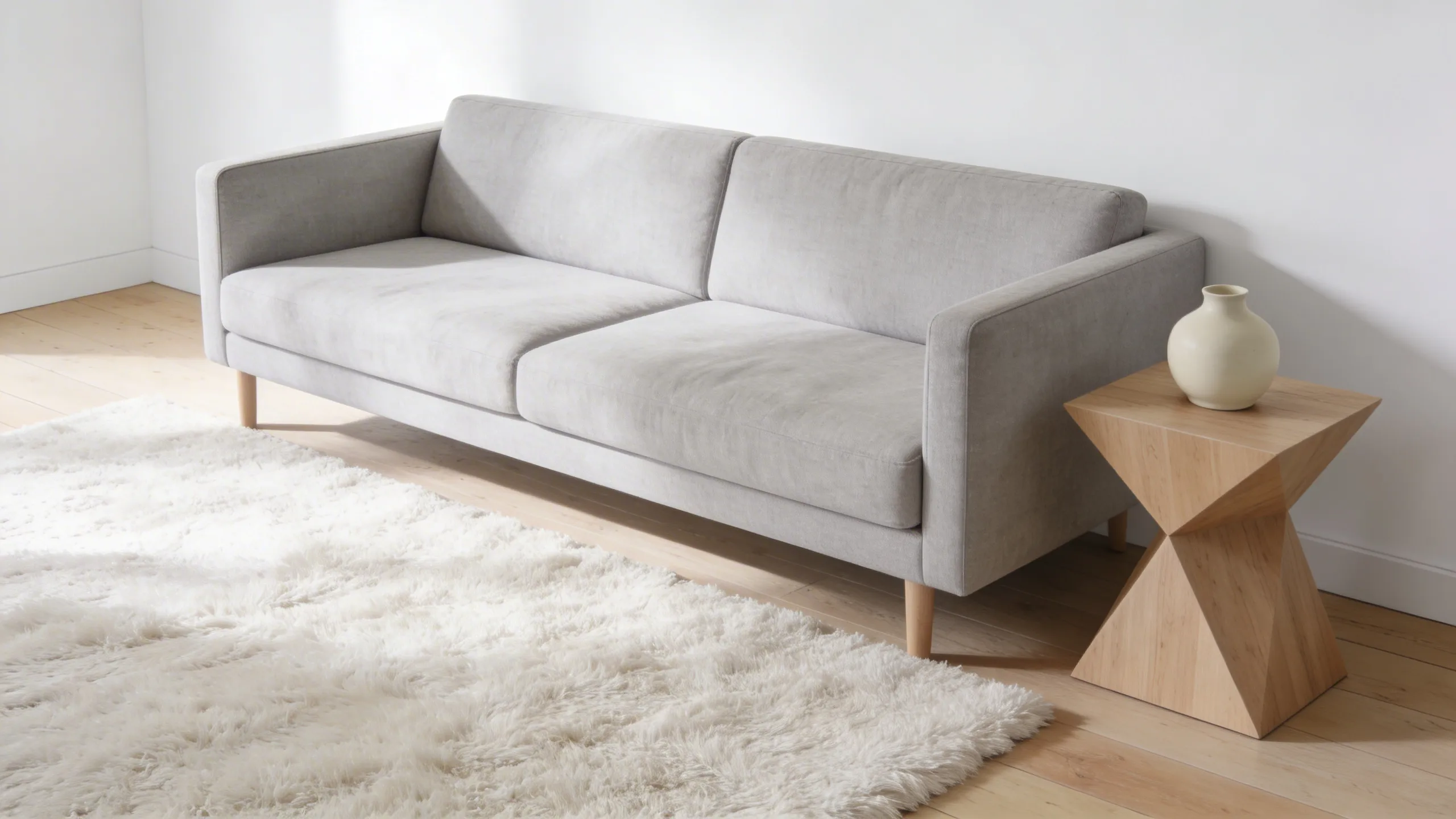 A wide-angle view of a minimalist living room showcasing ample negative space with white walls, a light gray linen sofa, and natural wood flooring, emphasizing organization and visual calmness to reduce cognitive load.