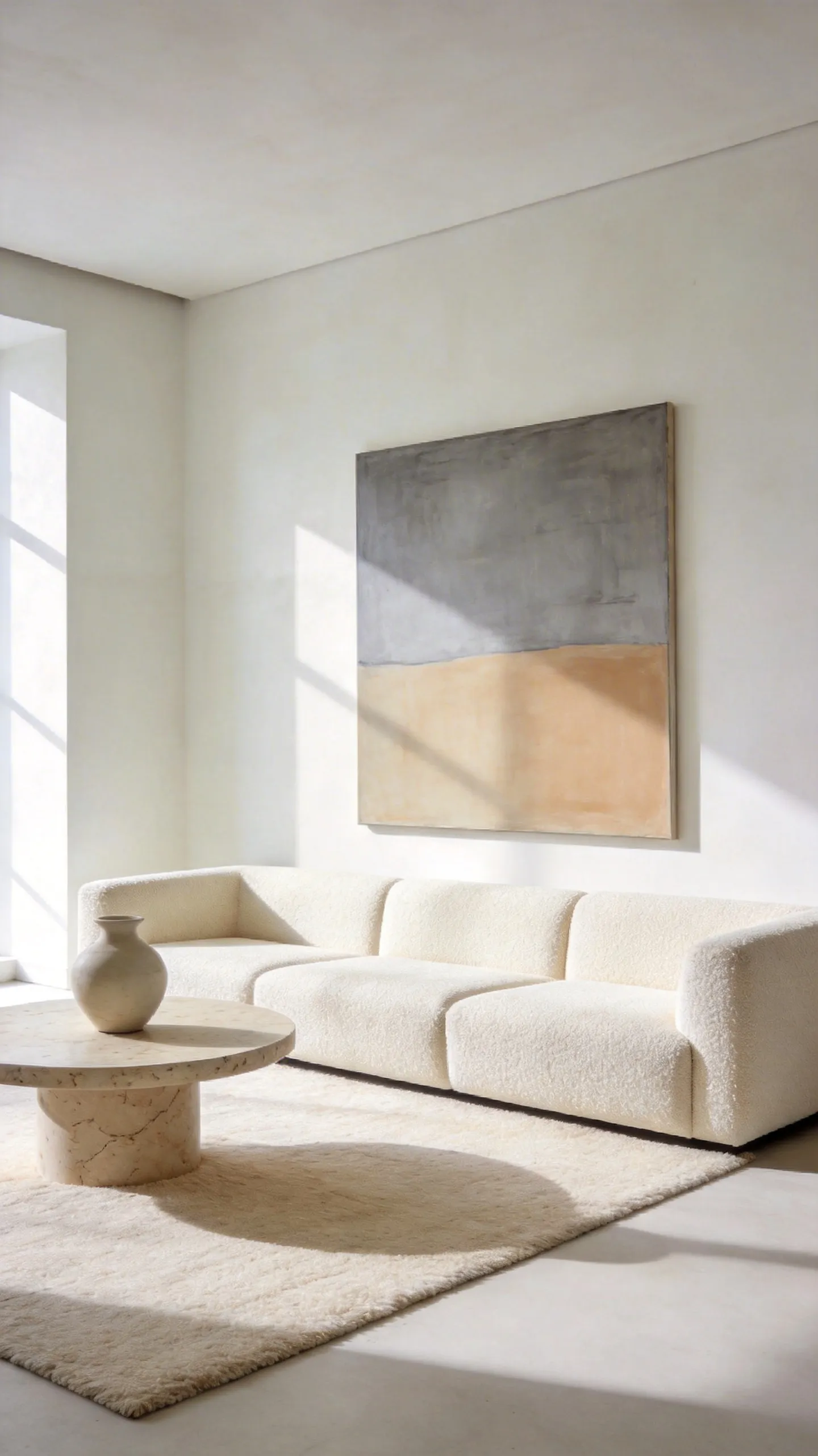 A photograph showing a visually simplified, minimalist modern living room with a cream sofa and neutral decor, designed to reduce cognitive load by eliminating visual noise.