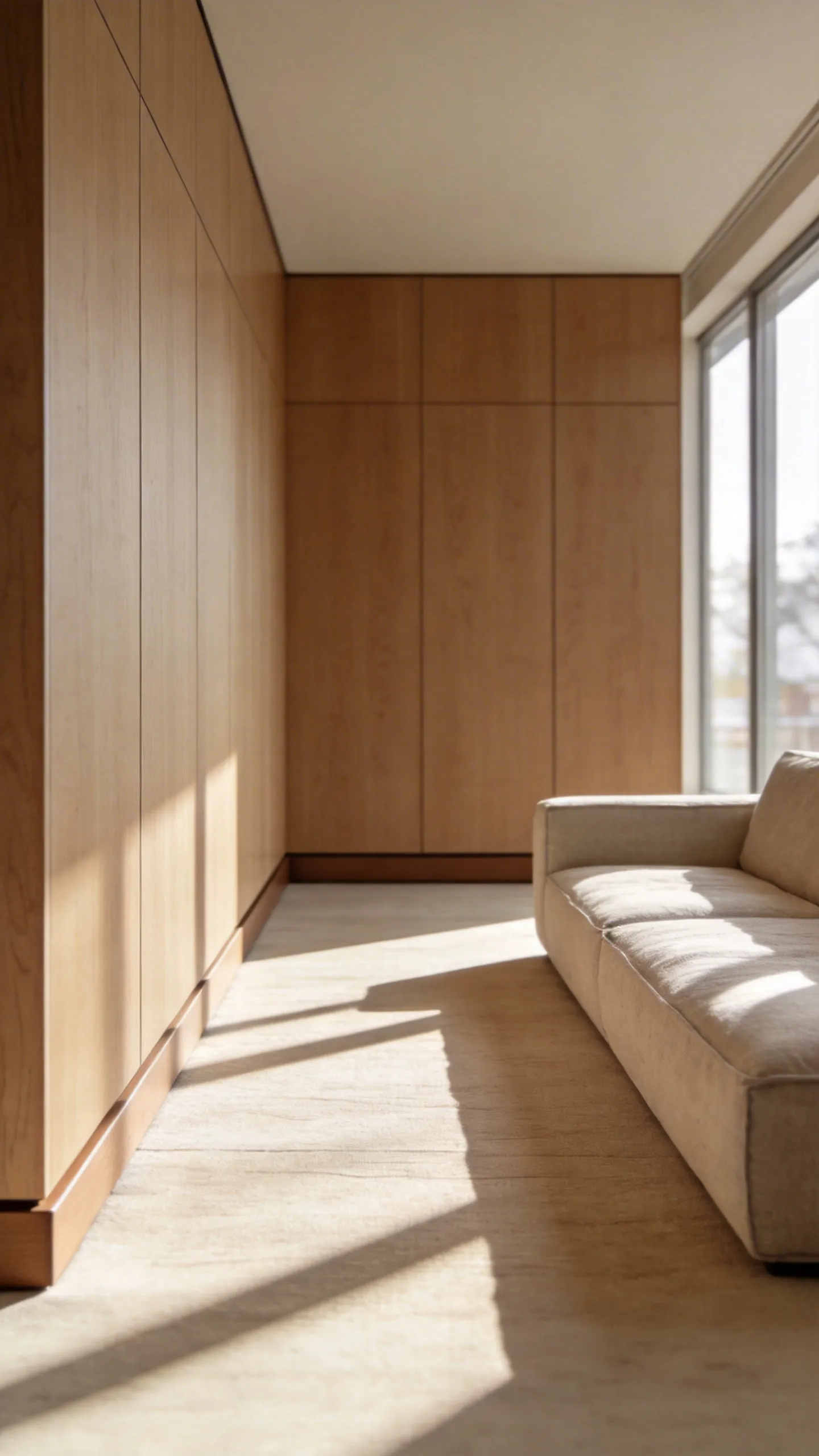 A minimalist living room featuring seamless floor to ceiling light oak cabinetry and flat, simple moldings, illustrating strategic low maintenance, dirt-deflecting interior design.