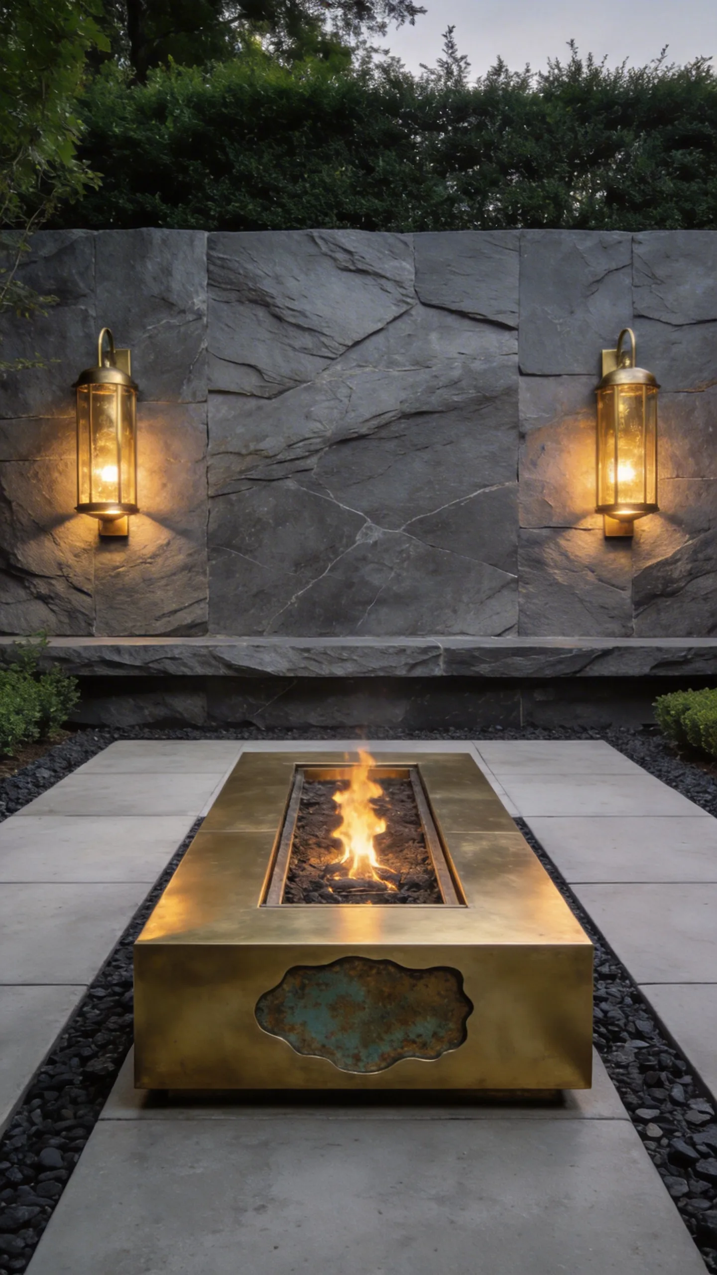 A modern patio with grey concrete and slate materials featuring warm living brass light fixtures and a central brass fire pit.