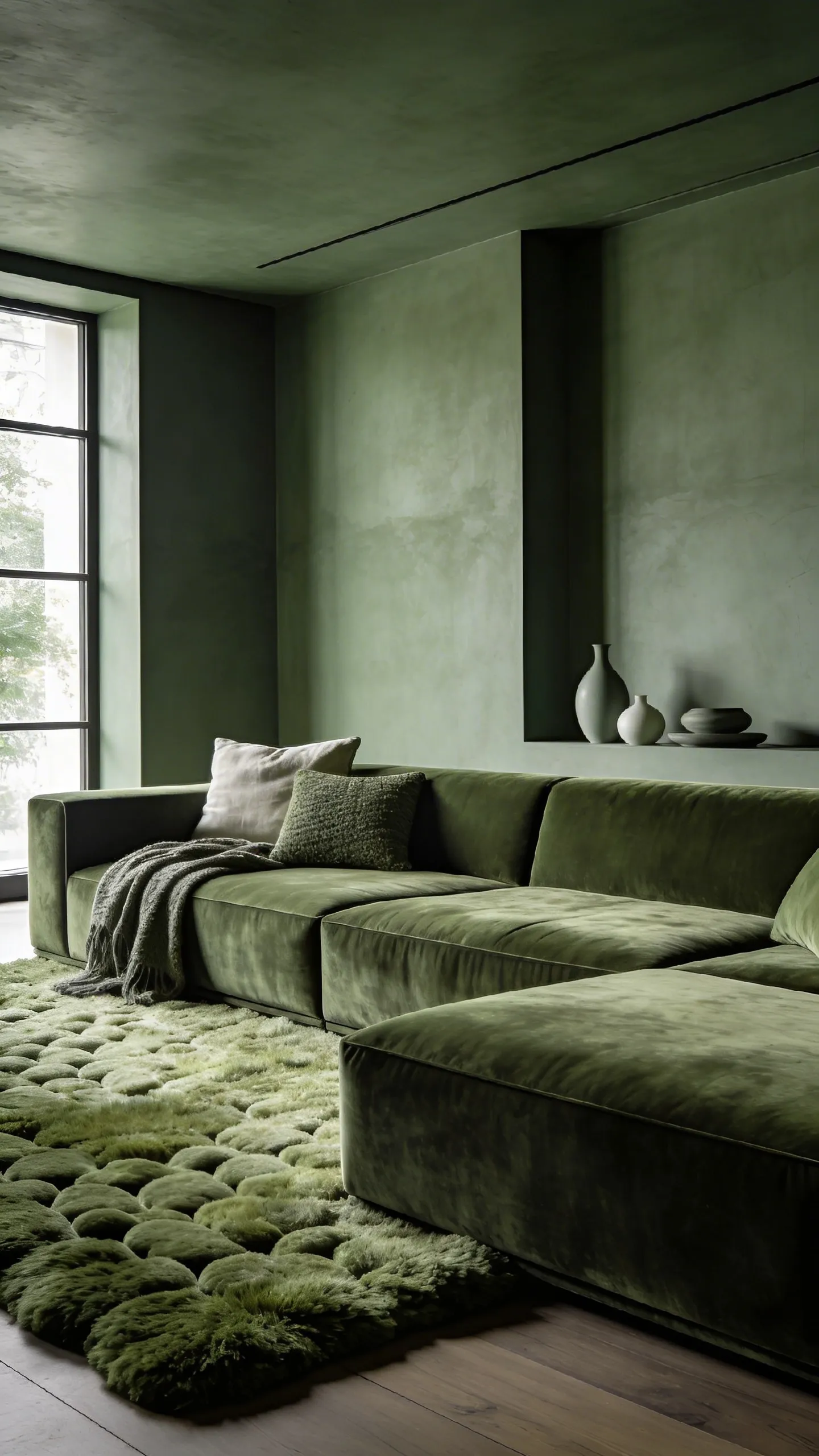 A serene, minimalist living room featuring a monochromatic design strategy using various tints, tones, and shades of sage and olive green to achieve systematic visual order.