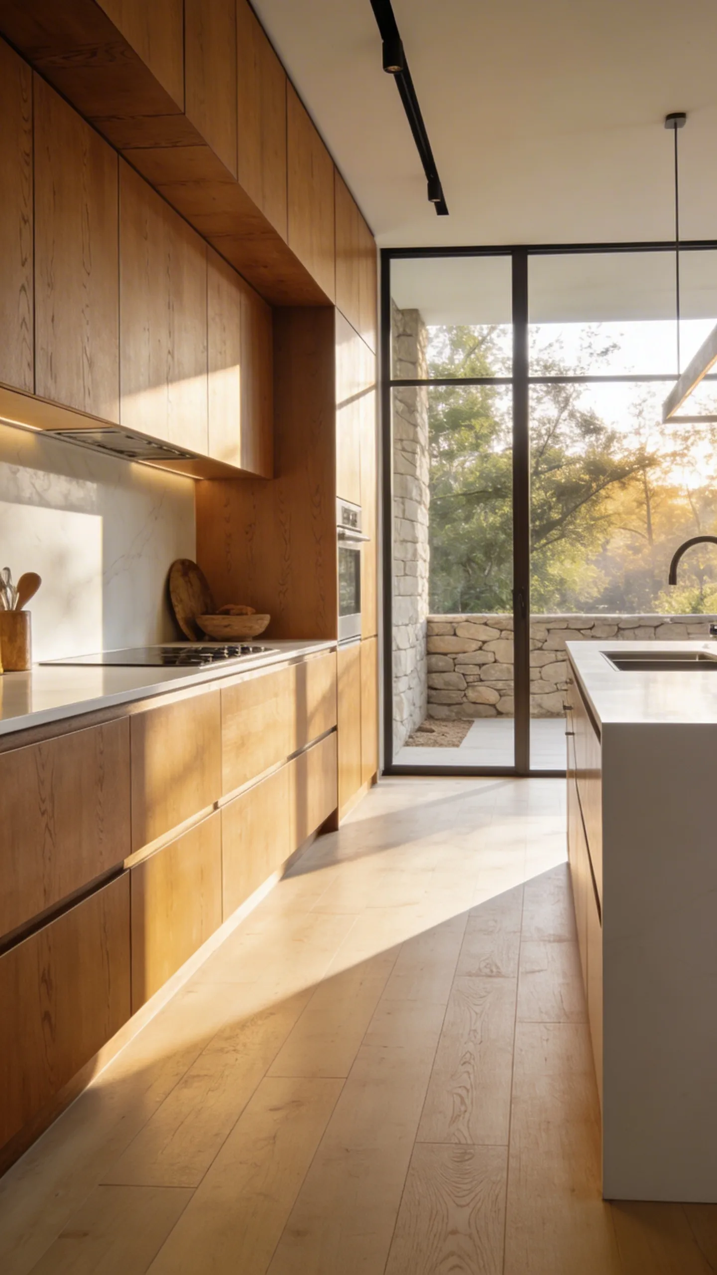 A modern white kitchen design featuring bleached walnut cabinetry, white oak accents, and stark white marble countertops under soft natural light.