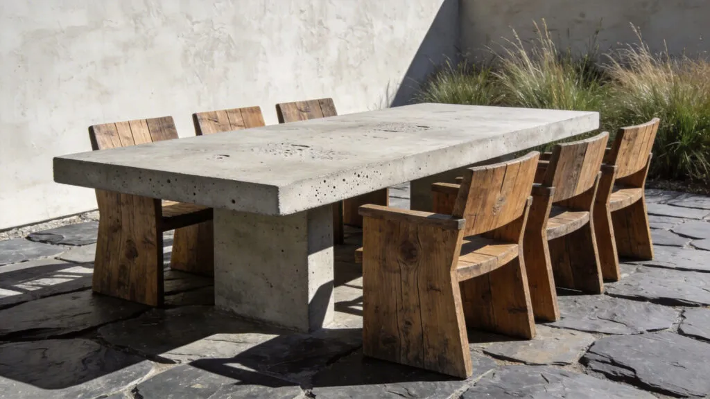 A minimalist patio design featuring a raw concrete table and weathered wood seating to showcase the philosophy of materiality and texture.