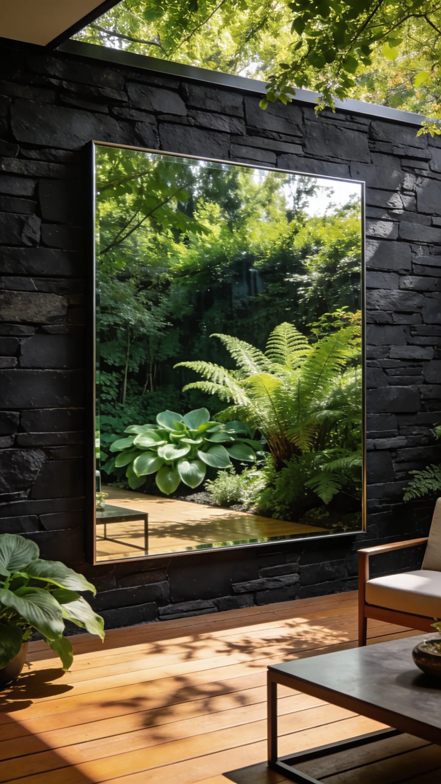 A large outdoor mirror on a modern patio reflecting lush green garden foliage and natural sunlight.