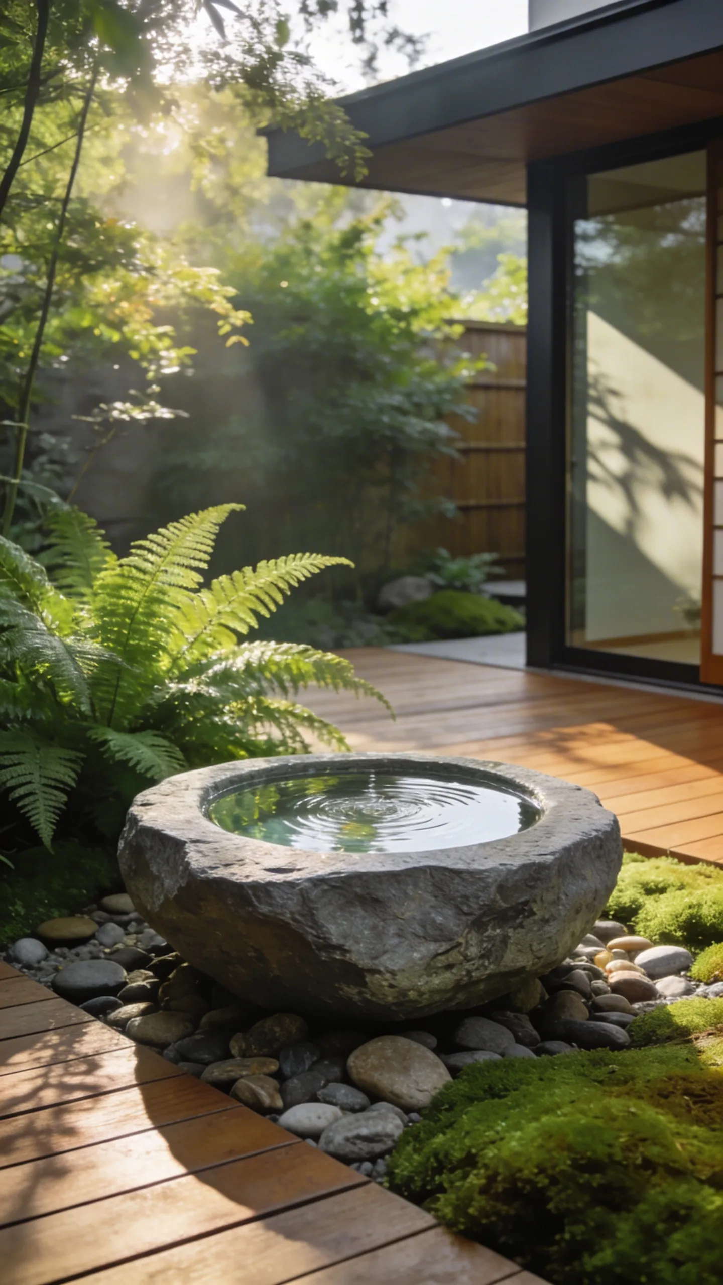 A peaceful outdoor patio featuring a smooth stone water basin surrounded by lush greenery and wooden decking.