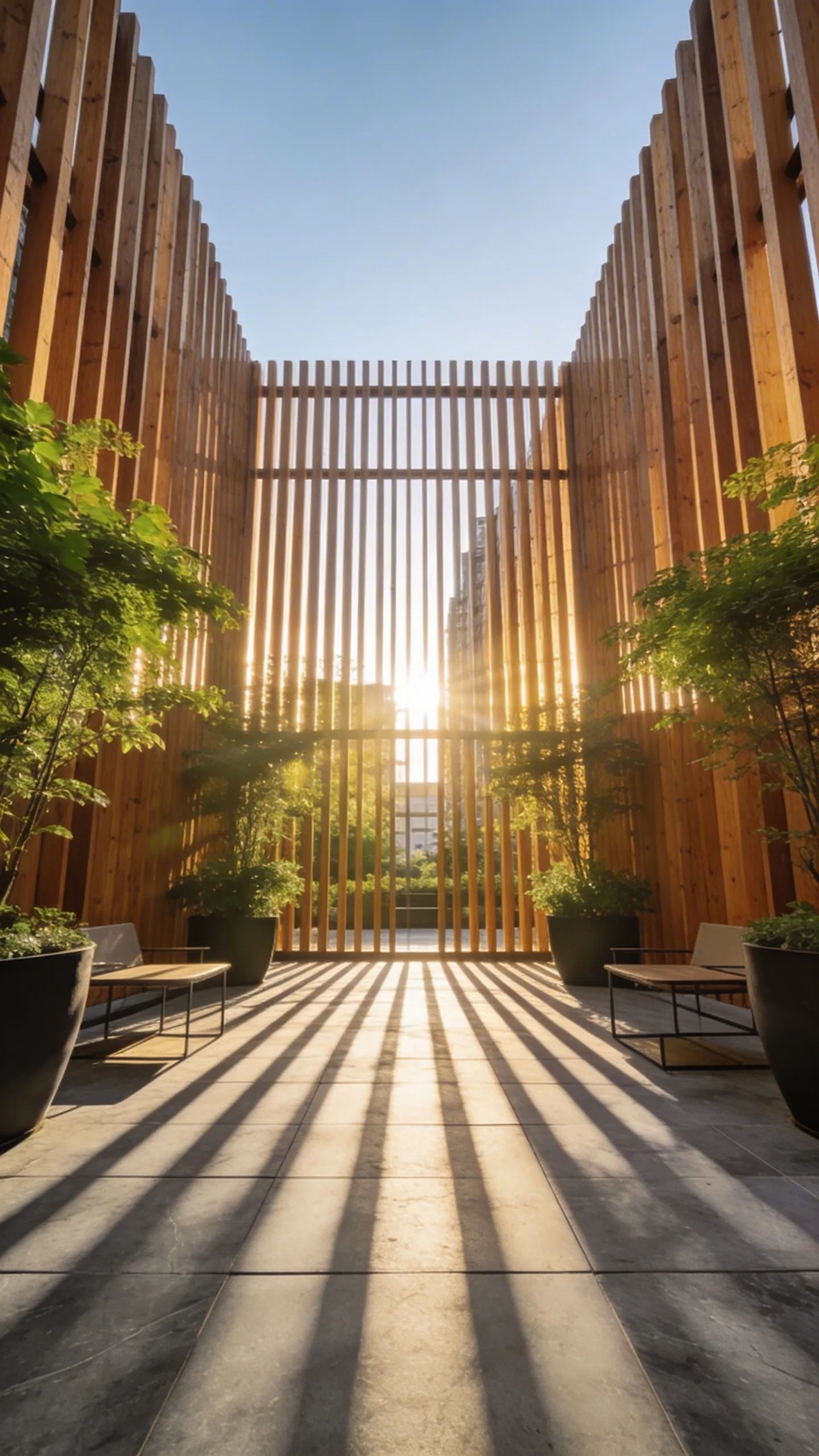 A modern urban patio featuring tall slatted timber privacy screens that filter sunlight and create a sense of vertical rhythm and enclosure.