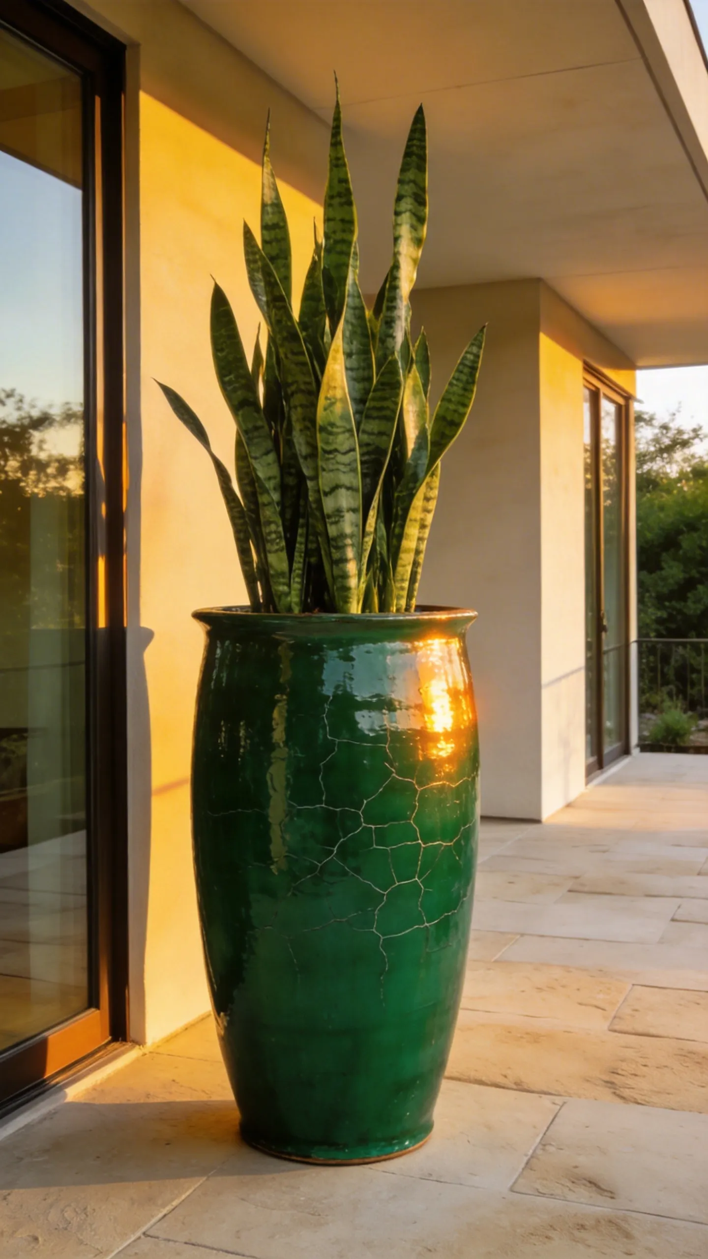 A massive 60-inch emerald green glazed ceramic planter used as a sculptural art piece on a modern stone patio.