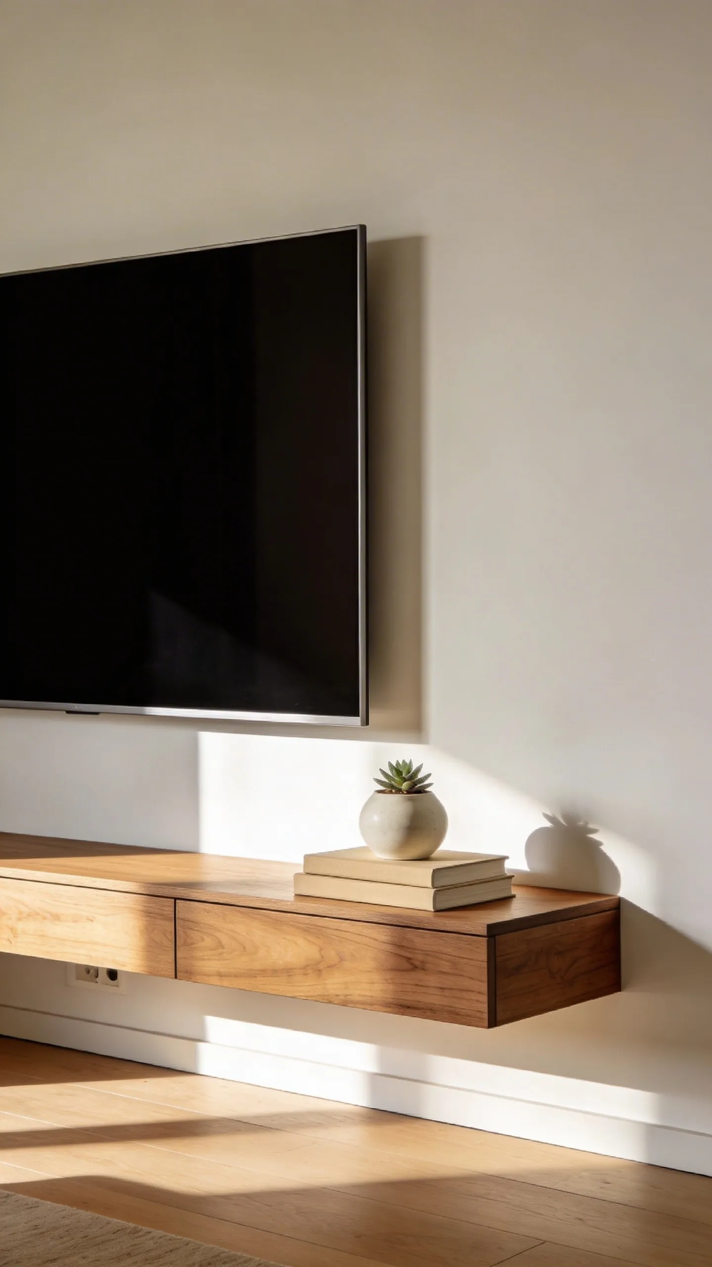Minimalist living room media console with a wall-mounted television and floating oak cabinet demonstrating completely invisible cable management for a clutter-free environment.